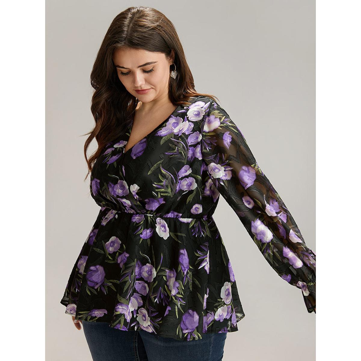 Plus Size Black Chiffon Floral Mesh Wrap Ruffle Hem Blouse Women Glamour Long Sleeve V-neck Going out Blouses BloomChic 14-16/1X Product Image