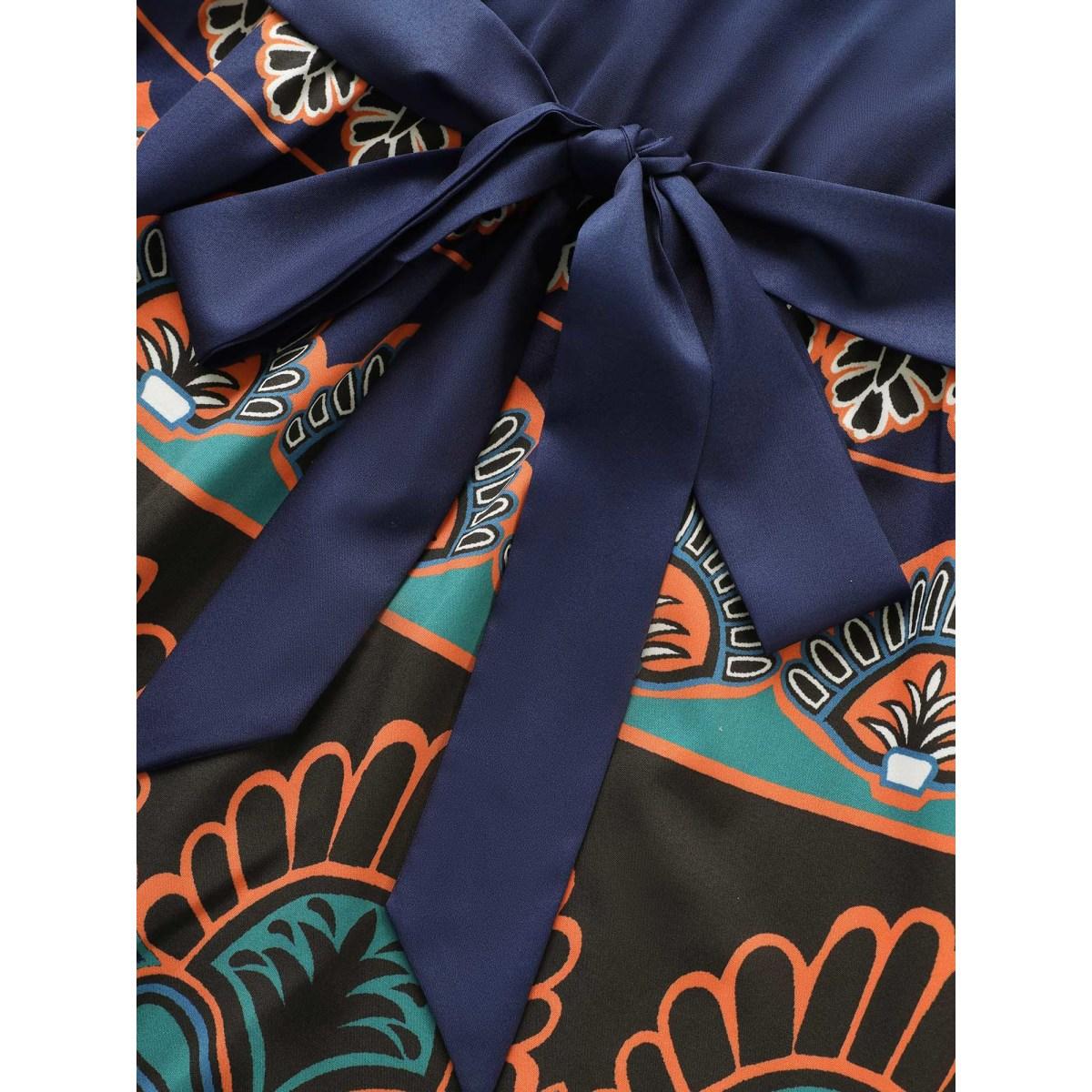 Plus Size Boho Print Patchwork Ruffle Sleeve Dress DarkBlue Women Resort Belted V-neck Short sleeve Curvy BloomChic 12/L Product Image