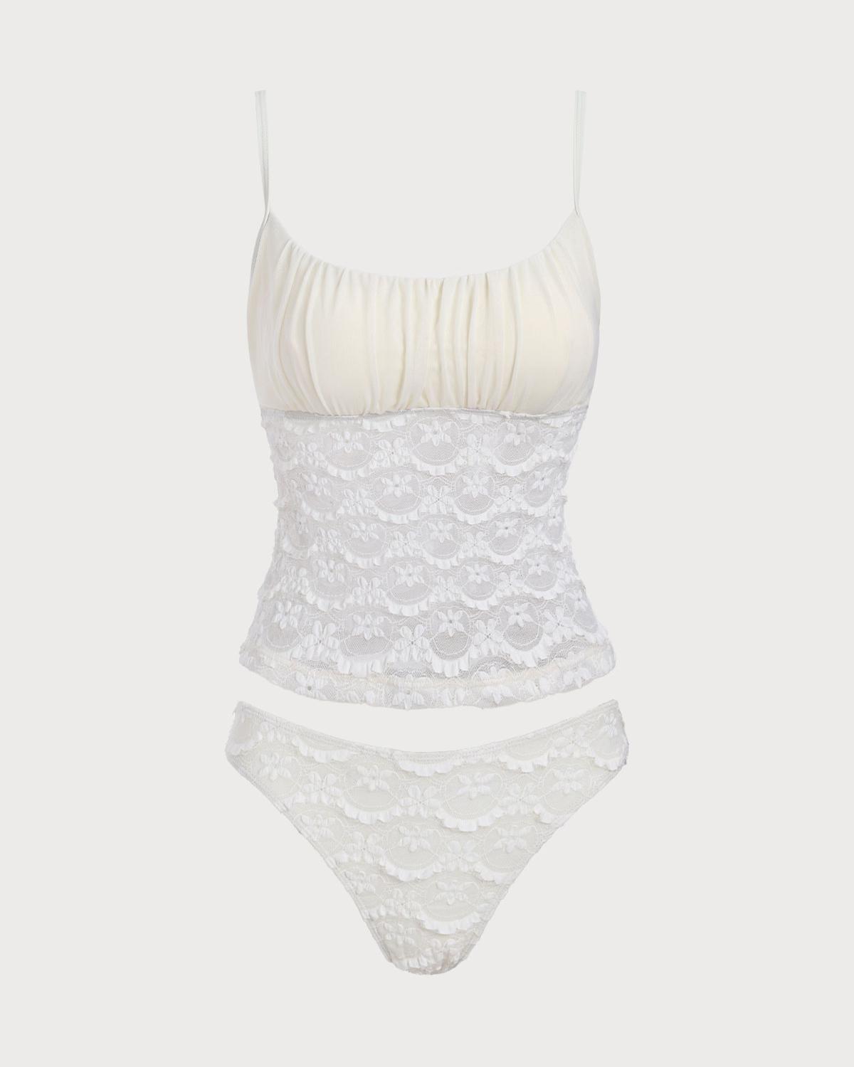 White Ruched Mesh Flower Tankini Swimsuit Product Image