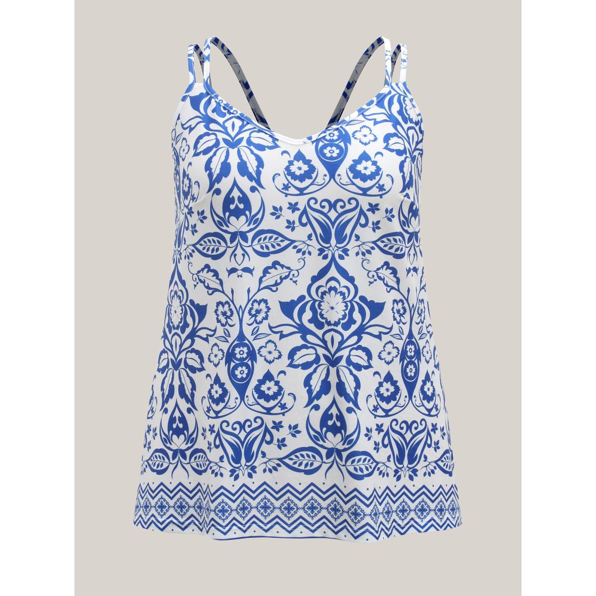 Plus Size Stretchy Floral Print Tank Top Women WhiteSmoke Contrast V-neck Everyday-Elegant Tank Tops Camis BloomChic 22-24/3X Product Image