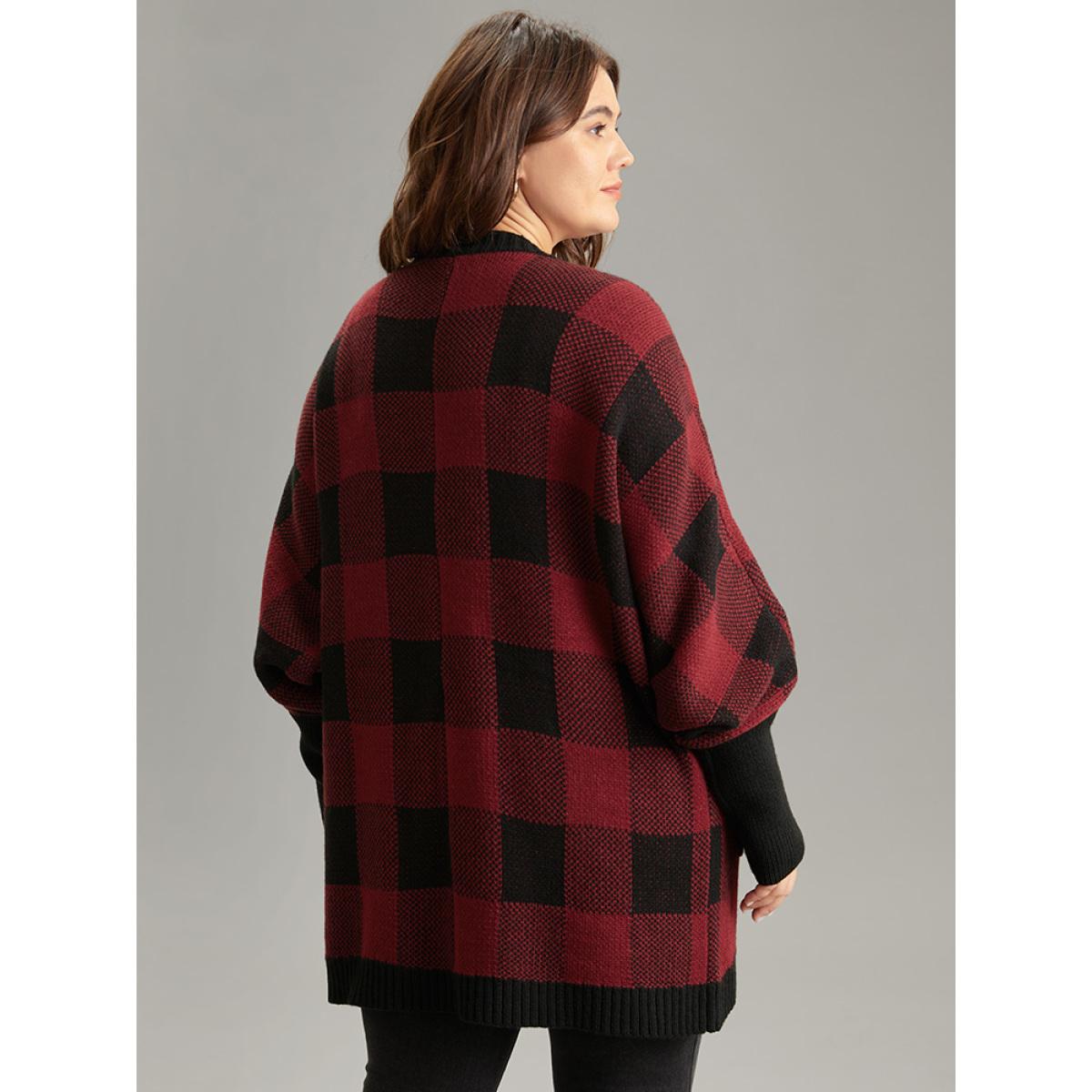 Plus Size Plaid Contrast Open Front Dolman Sleeve Cardigan Scarlet Women Casual Loose Long Sleeve Dailywear Cardigans BloomChic 30/6X Product Image
