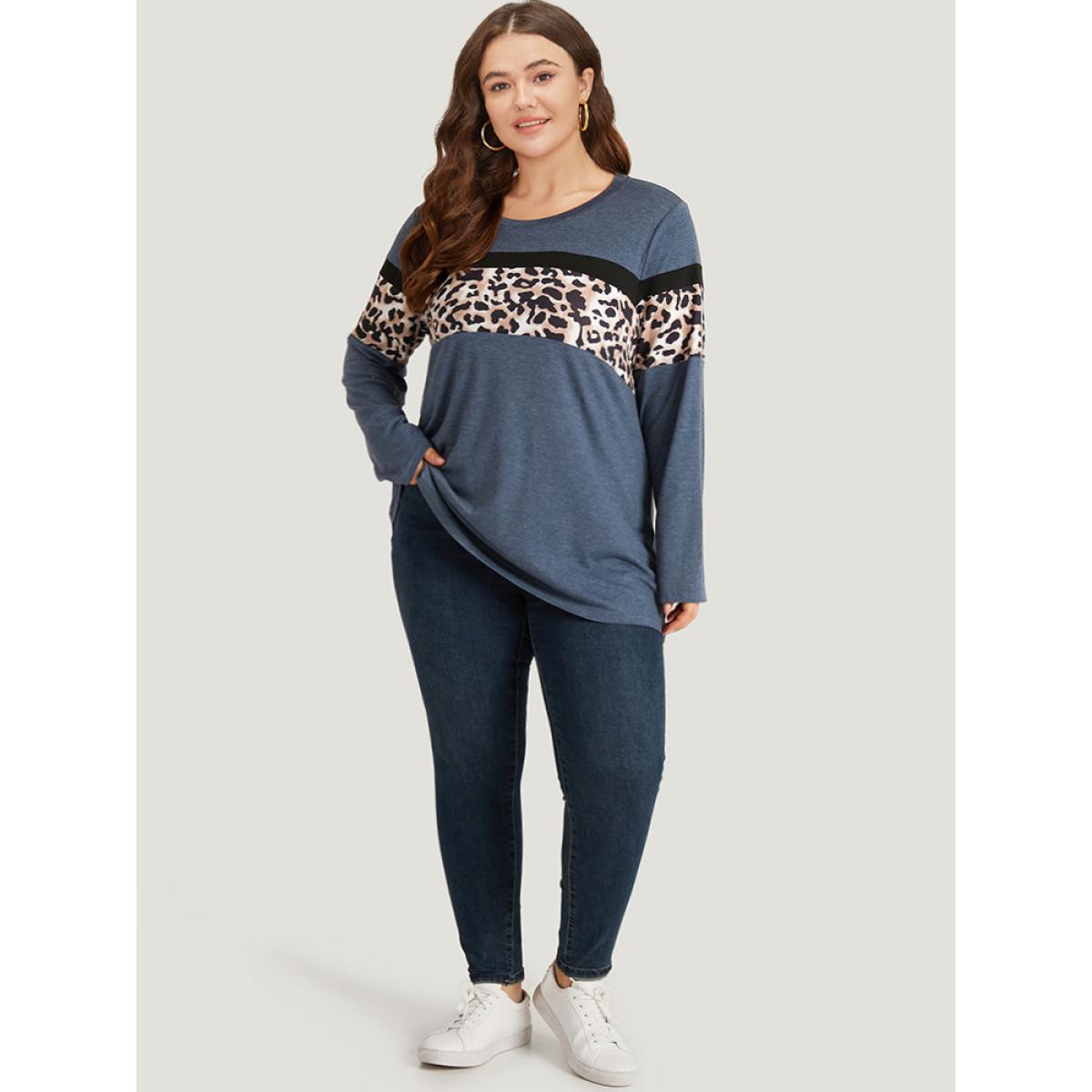 Plus Size Leopard Heather Patchwork Crew Neck T-shirt Blue Women Casual Patchwork Patchwork Round Neck Dailywear T-shirts BloomChic 12/L Product Image