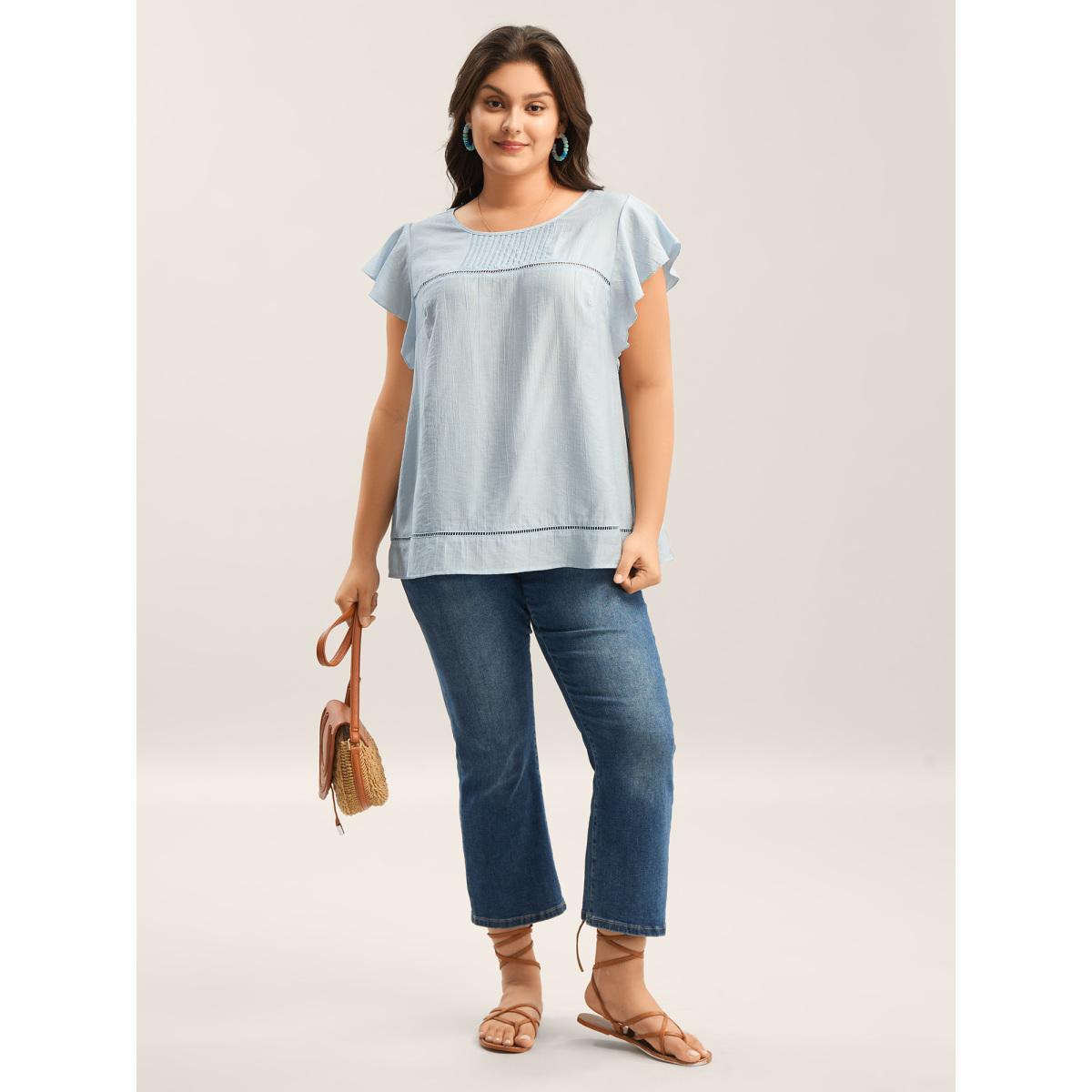 Plus Size LightBlue Supersoft Cotton Linen Blend Ruffled Blouse Women Boho Cap Sleeve Round Neck Vacation Blouses BloomChic 22-24/3X Product Image