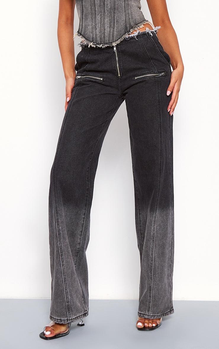 Tall Washed Black Frayed Waist Low Rise Wide Leg Jeans Product Image