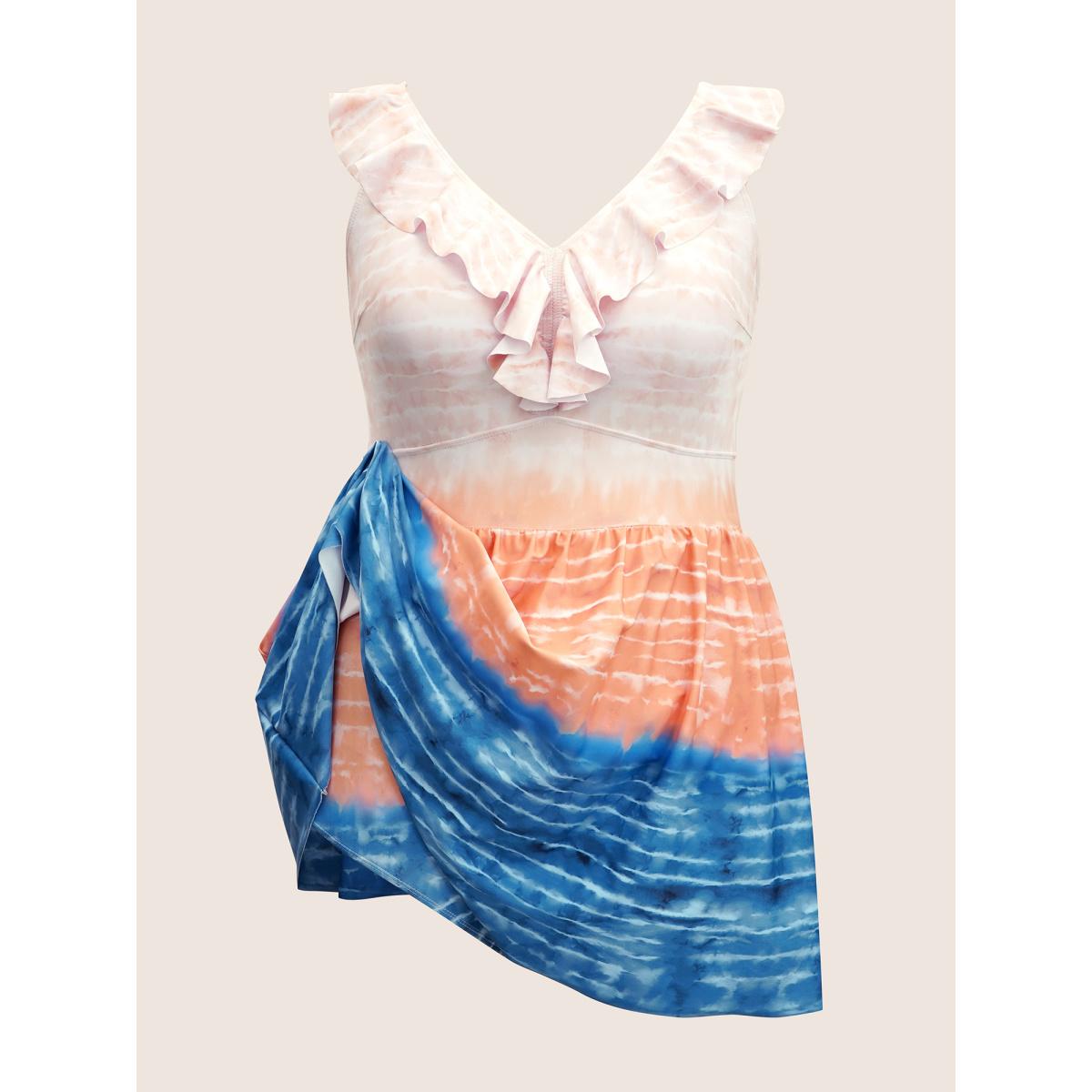 Plus Size Tie Dye Contrast Ruffles Trim Swim Dress Women's Swimwear Multicolor Beach Bodycon V-neck High stretch Curve Swim Dresses BloomChic 10/M Product Image