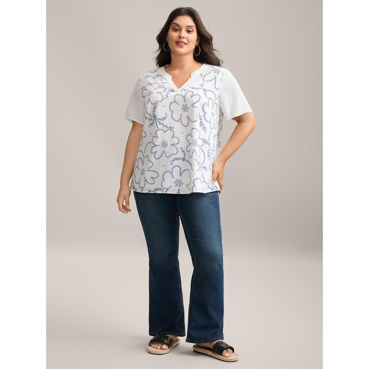 Plus Size WhiteSmoke Large Floral Print Split Neck Blouse Women Short sleeve Flat collar with V-notch Vacation Blouses BloomChic 18-20/2X Product Image