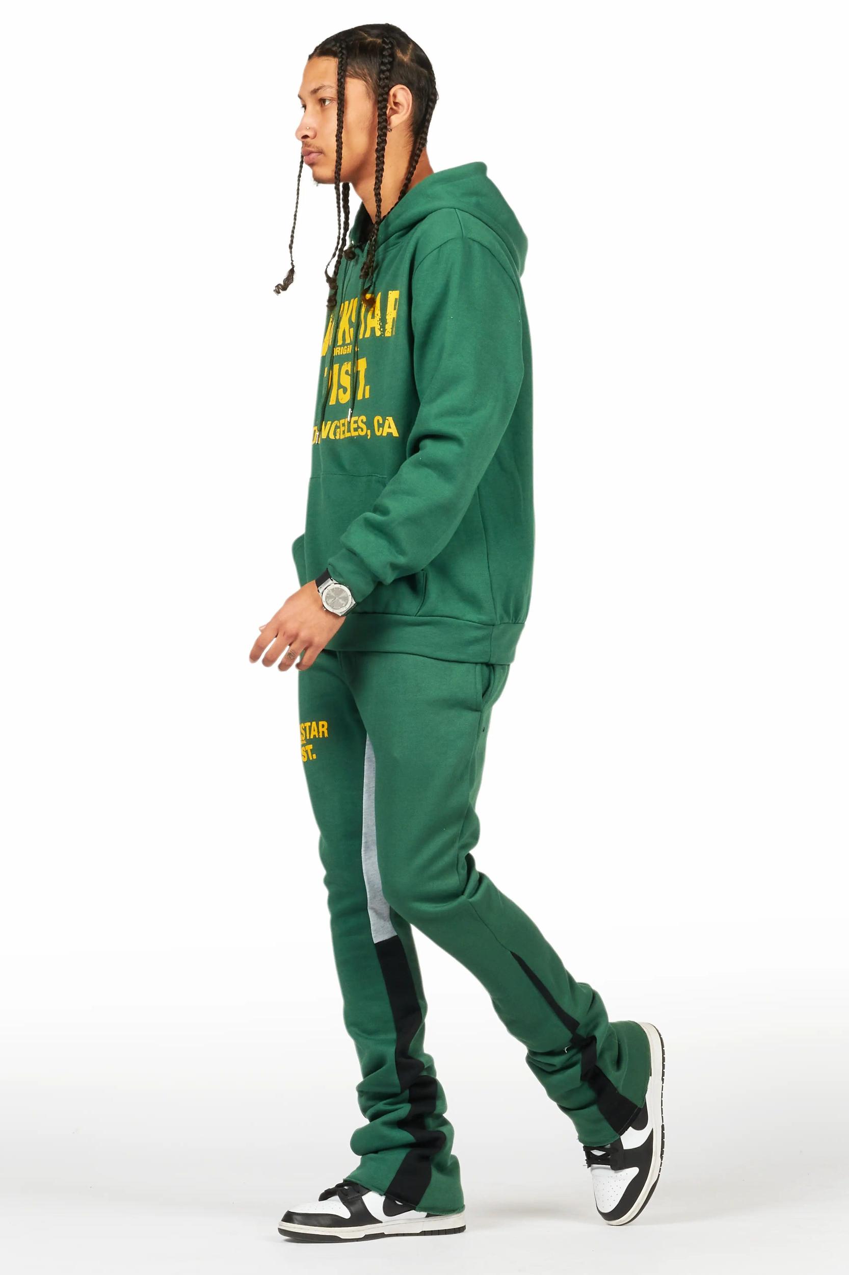 Lake Green/Yellow Hoodie/Stacked Flare Track Pant Set Male Product Image