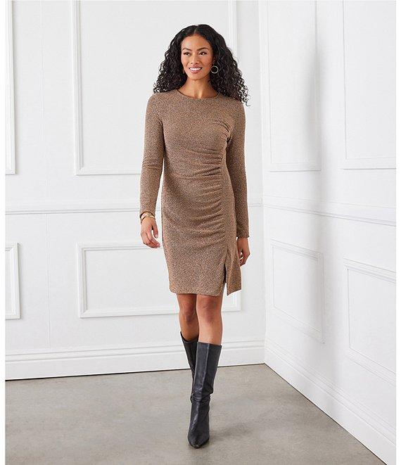 Karen Kane Stretch Metallic Knit Shirred Long Sleeve Dress Product Image