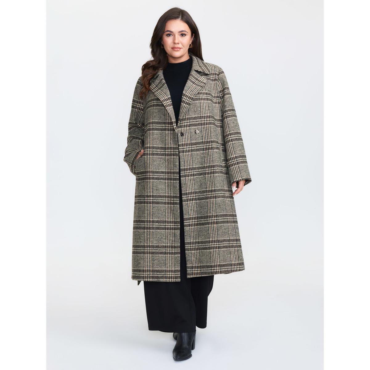 Plus Size Plaid Belted Waist-Defining Coat Women Yellowishbrown Retro Ladies Elegant Winter Coats BloomChic 22-24/3X Product Image
