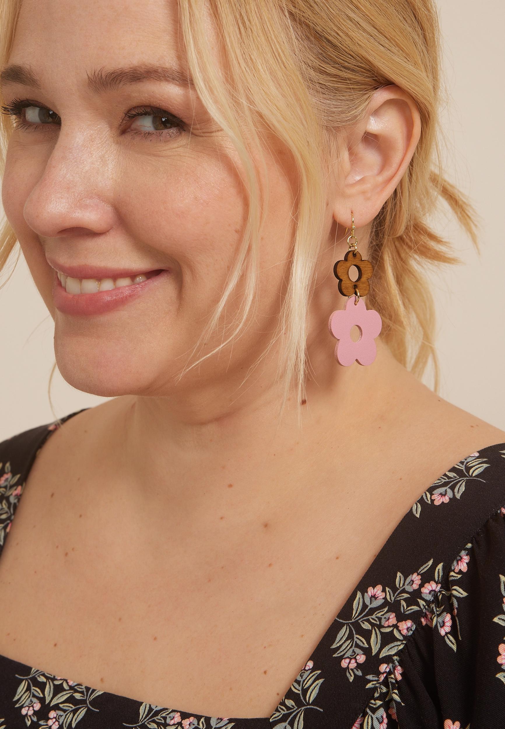 Faux Leather And Wooden Floral Drop Earrings Product Image