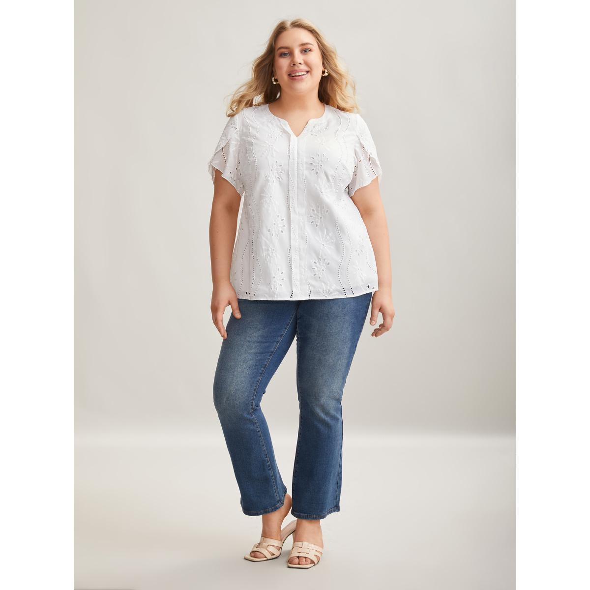 Plus Size Originalwhite Embroidered Petal Sleeve Sheer Shirt Women Elegant Short sleeve Notched collar Everyday Blouses BloomChic 22-24/3X Product Image