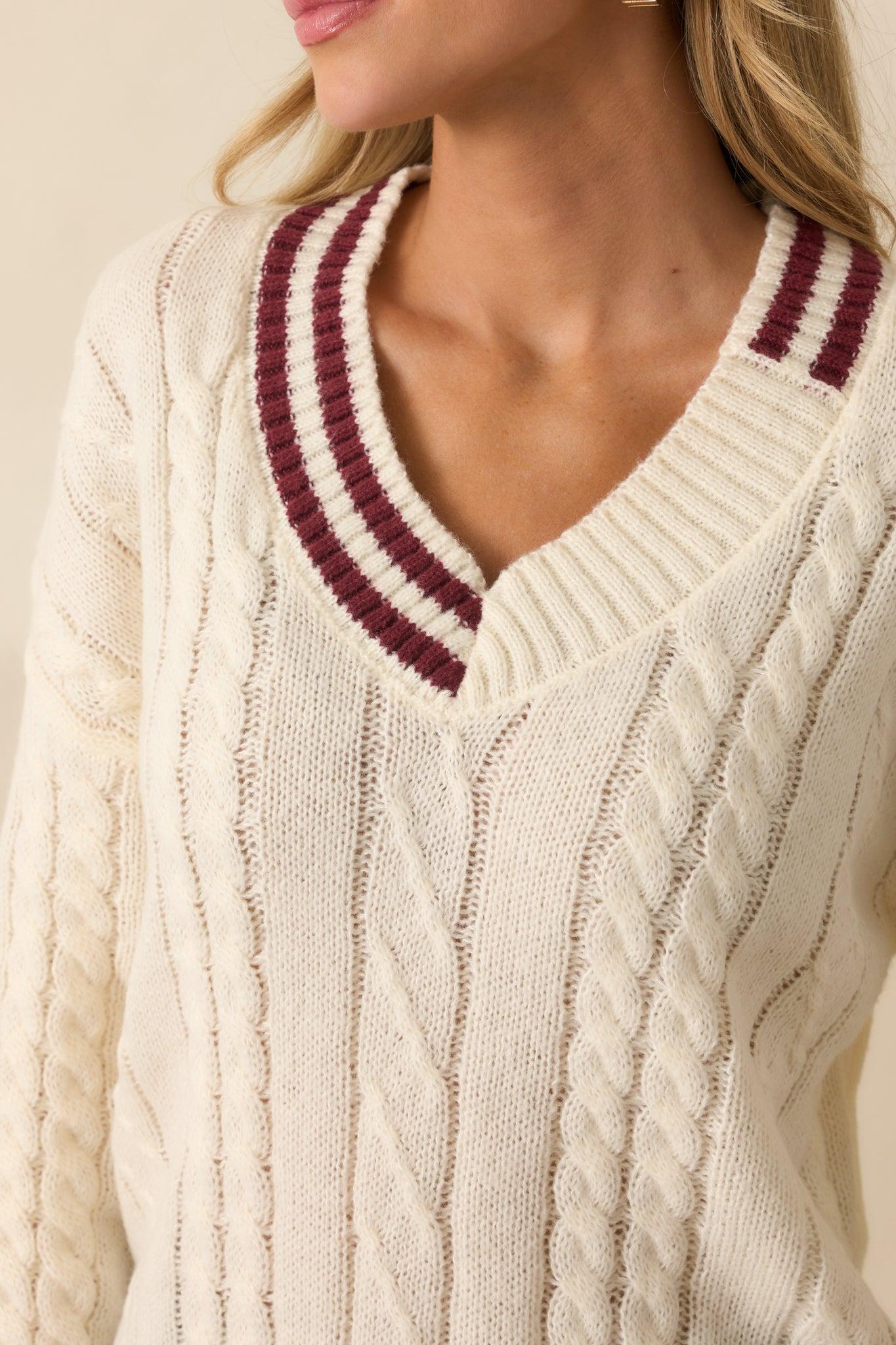 Count On Me Ivory Contrast Trim V-Neck Cable Knit Sweater Product Image