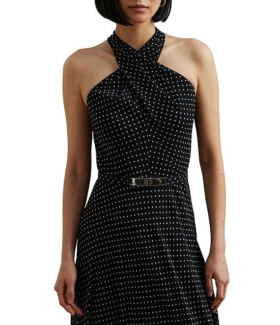 Lauren Ralph Lauren Georgette Dotted Print Halter Neck Sleeveless Belted A-Line Gown Product Image