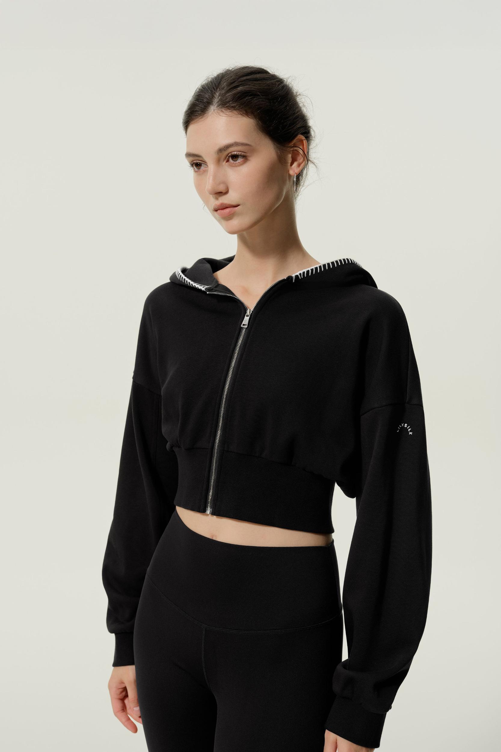 LILYSILK SILKERRY Womens Cropped Zip Up Hoodie | 100% Silk Loops | Cozy Zip-Up Jacket | Espresso L Product Image