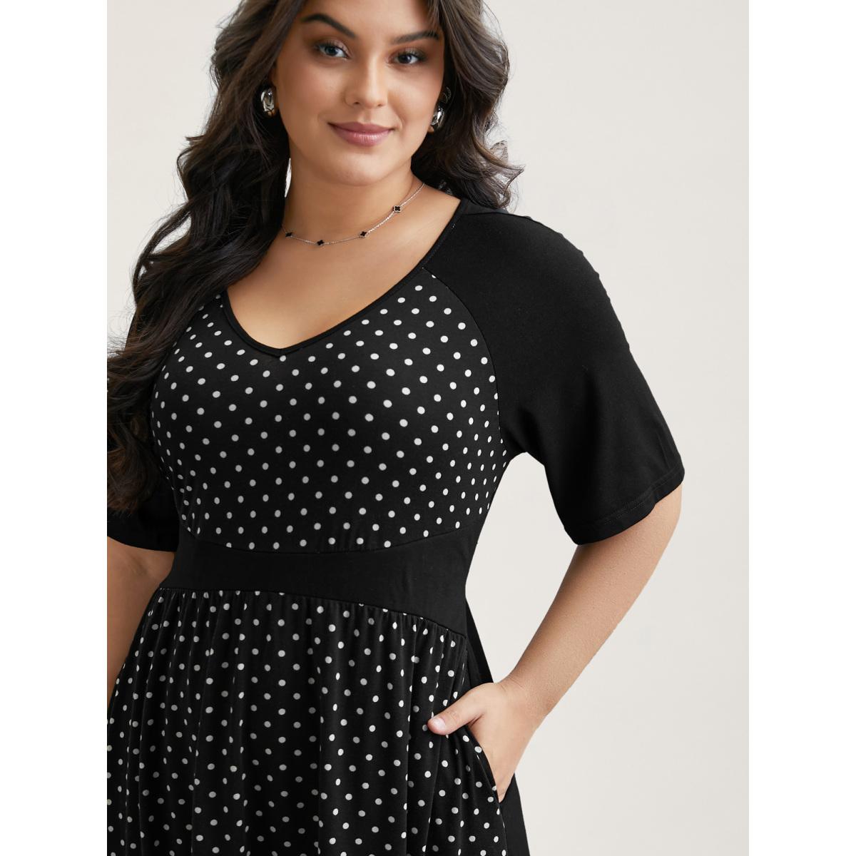 Plus Size Supersoft Polka Dot Waist-Cinched Midi Dress BlackFlower Women At the Office Patchwork Knit Dresses Bloomchic 28/5X Product Image