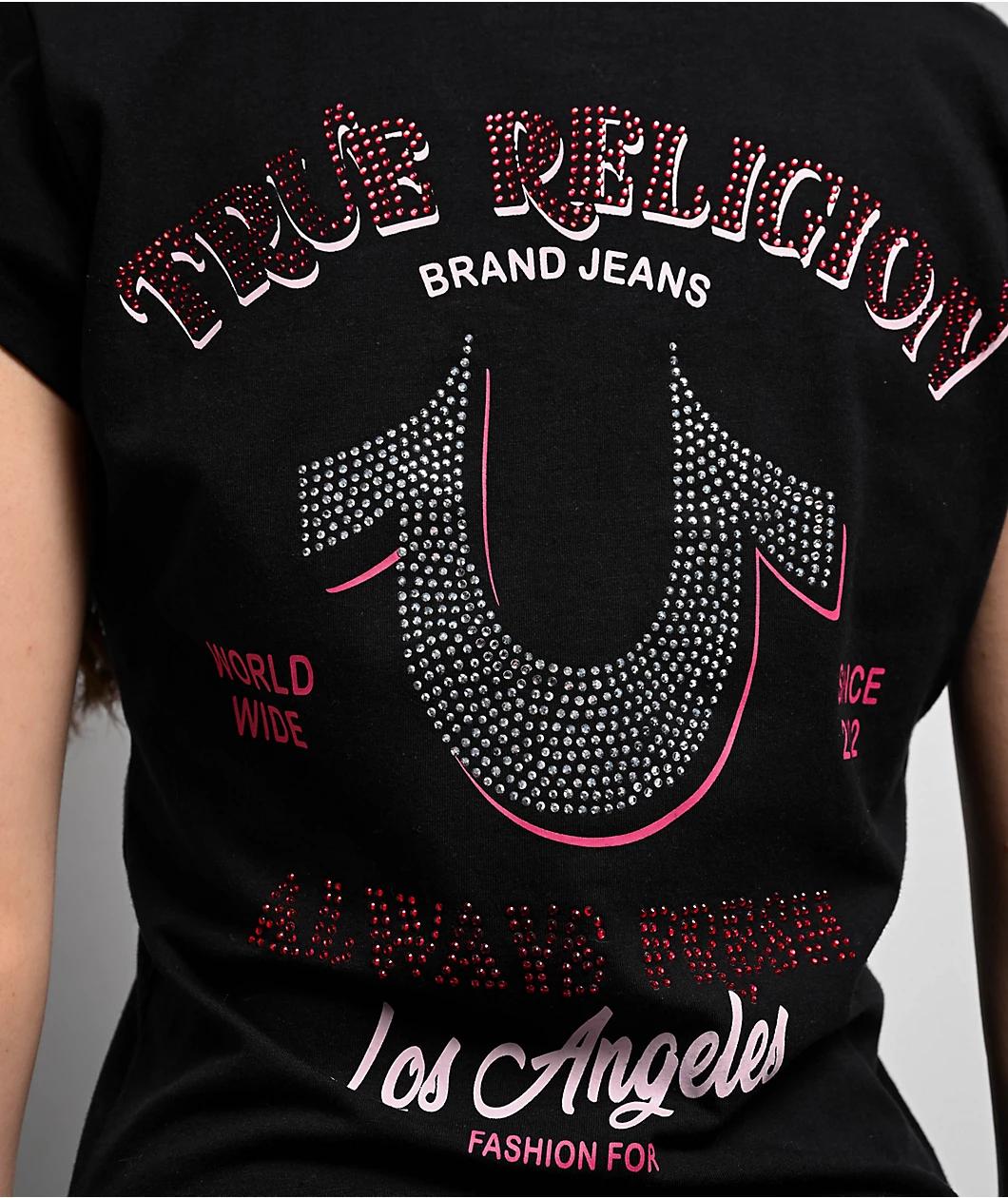 True Religion Crystal Low Plunge Black T-Shirt Product Image