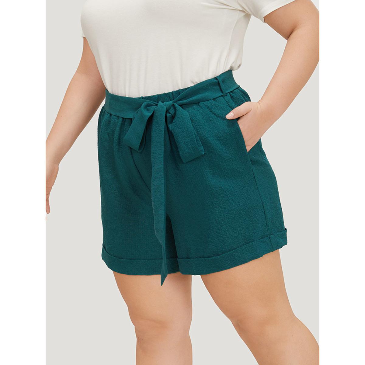 Plus Size Plain Belted Pocket Roll Hem Shorts Women DarkGreen Office Plain Office Shorts BloomChic 28/5X Product Image