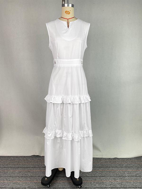 A-Line High Waisted Buttoned Pleated Pockets Solid Color Split-Joint V-Neck Maxi Dresses Product Image