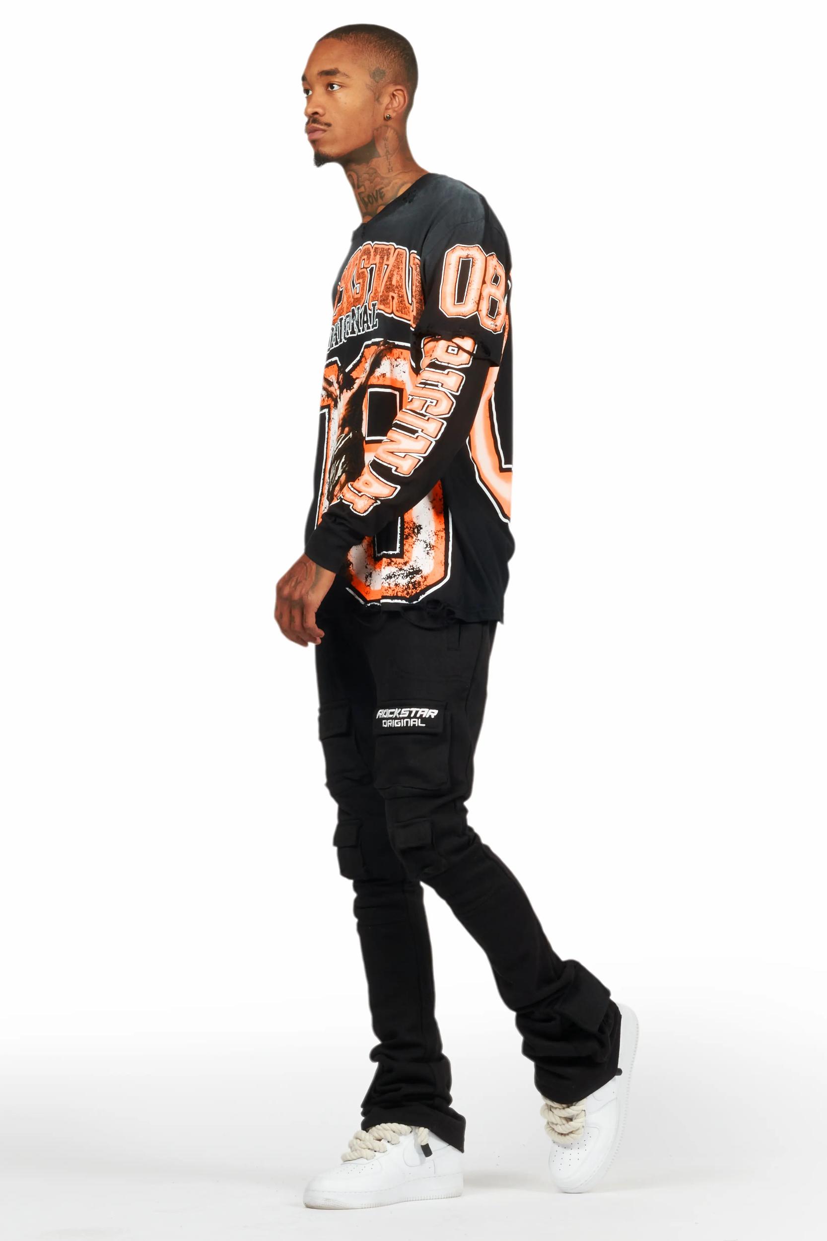 Fields Black/Orange Double Layer Long Sleeve Graphic T-Shirt Male Product Image