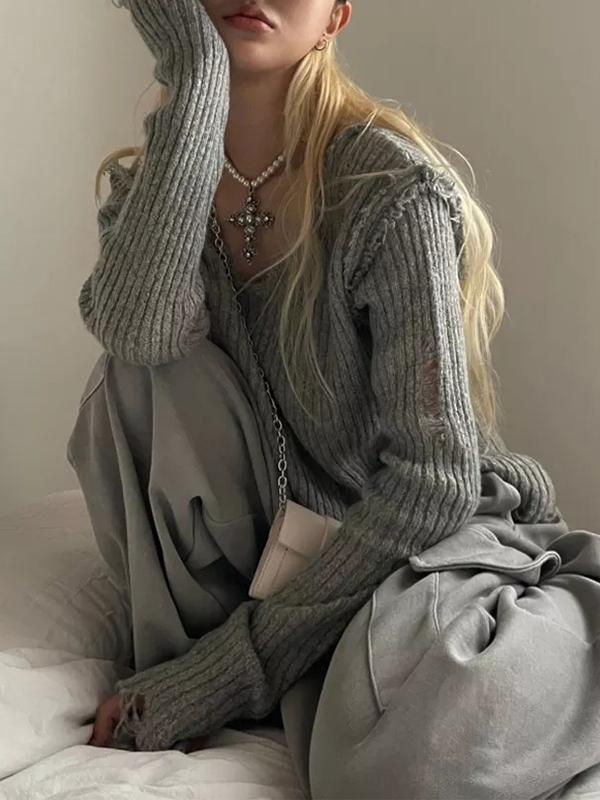 Ribbed Tattered V Neck Sweater Product Image