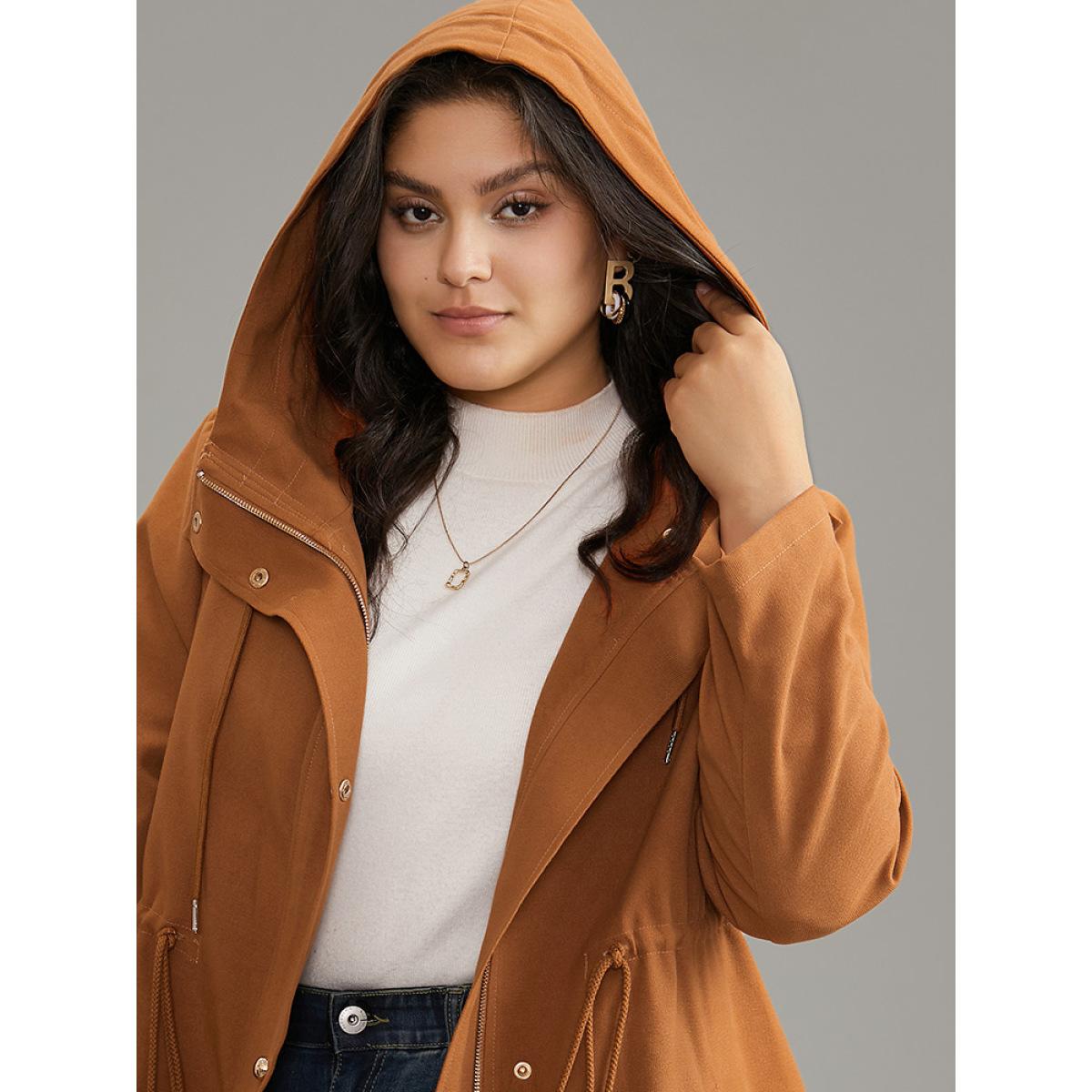 Plus Size Plain Drawstring Button Through Zipper Coat Women Yellow Casual Lined Ladies Dailywear Winter Coats BloomChic 14-16/1X Product Image