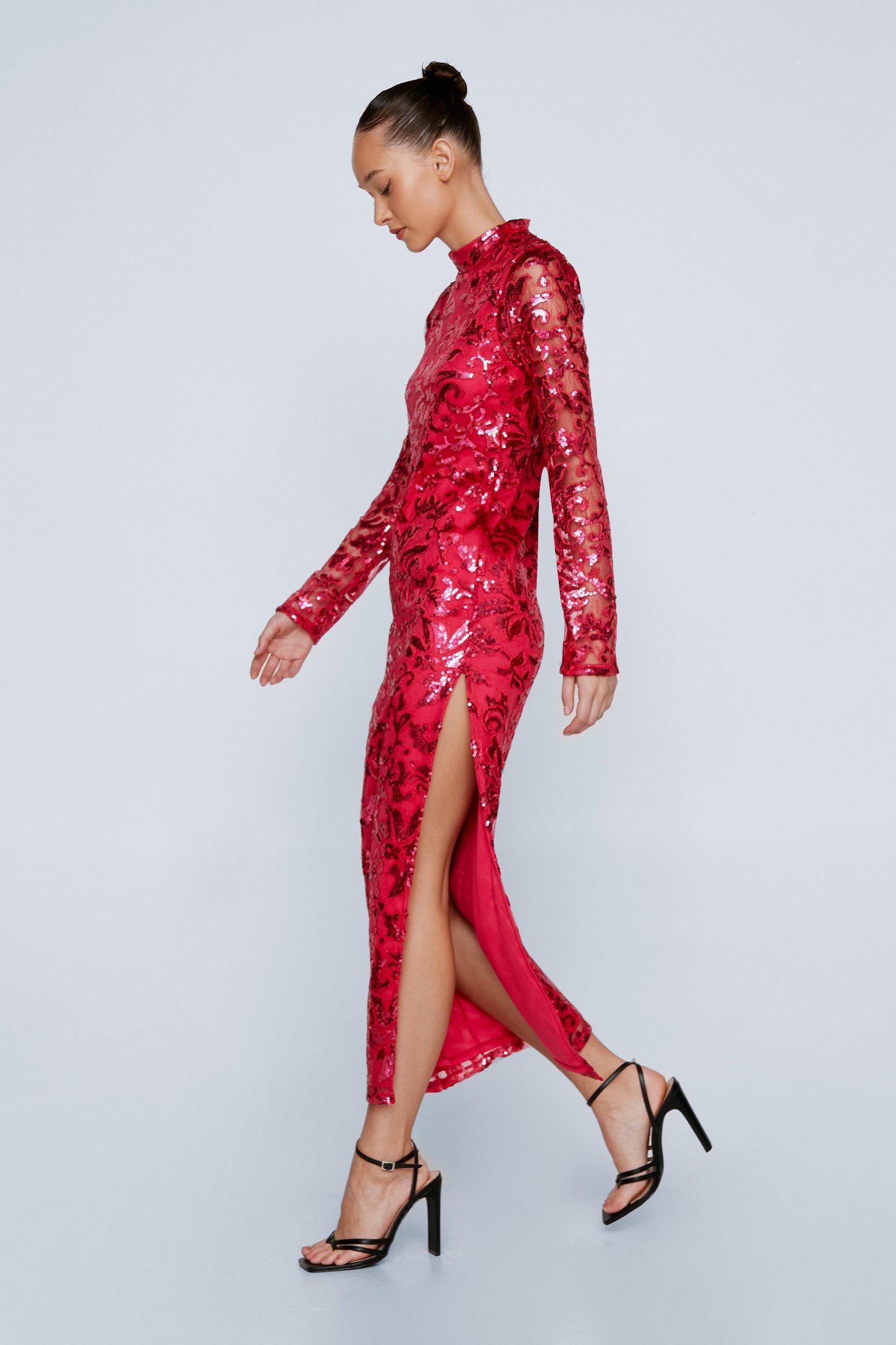 Flocked Floral High Neck Maxi Dress Product Image