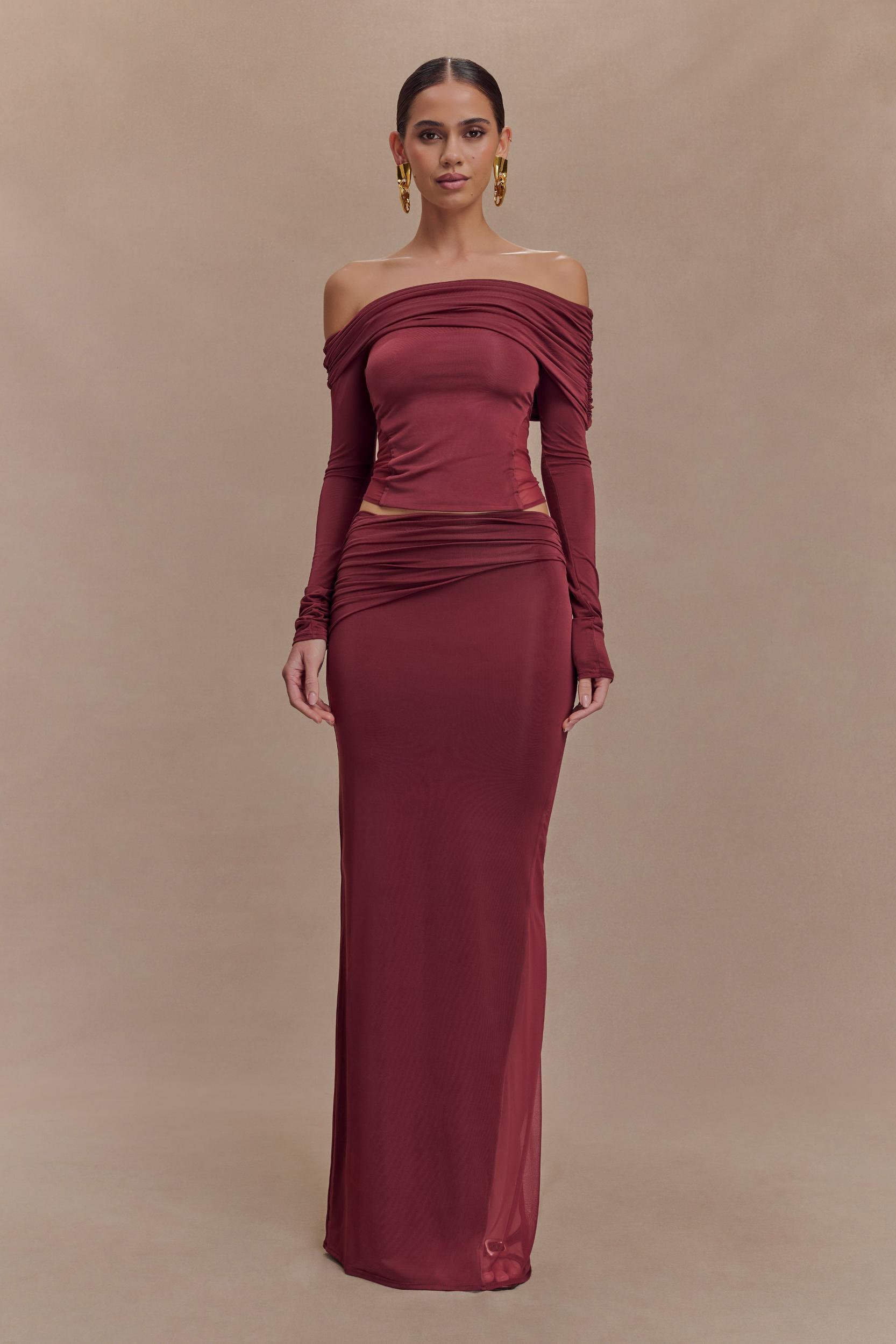 Judy Slinky And Mesh Maxi Skirt - Wine Product Image