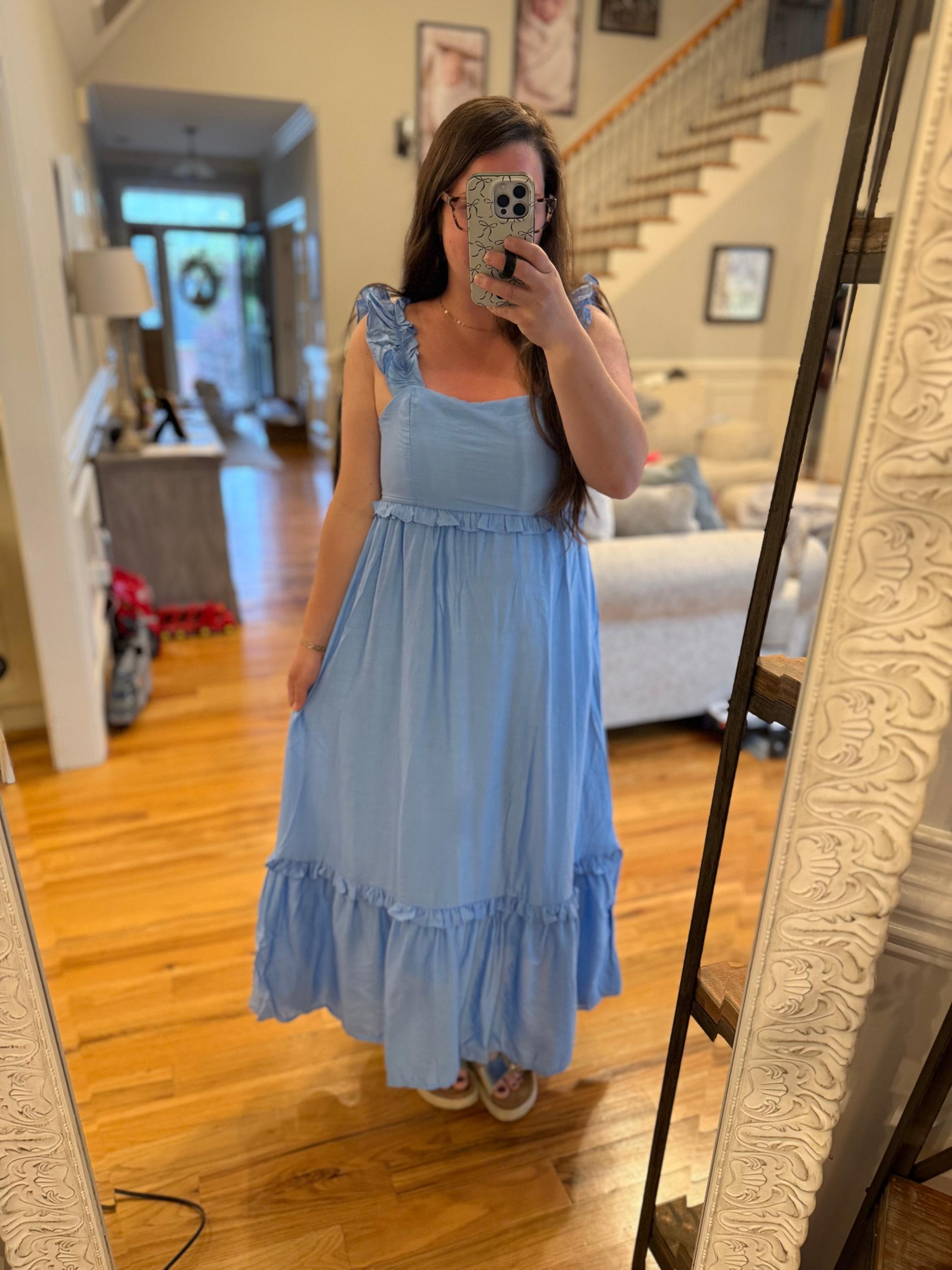 RUFFLE DETAIL EMPIRE WAIST SLEEVELESS MIDI DRESS: BLUE Product Image