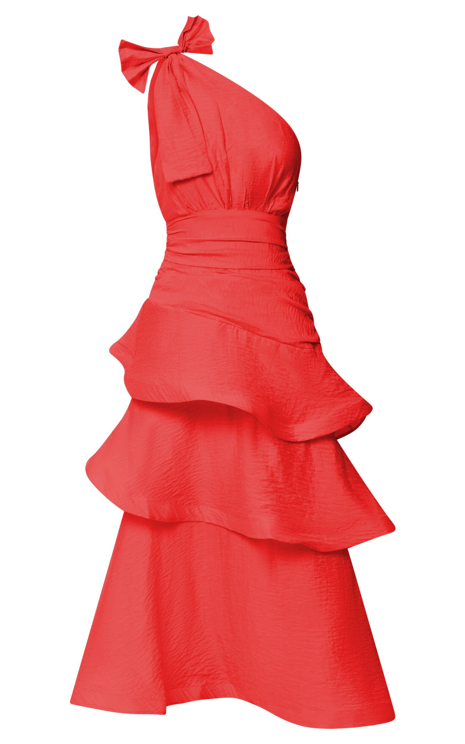 Eugenia Midi Dress - One Shoulder Fit and Flare Layered Dress in Red Product Image
