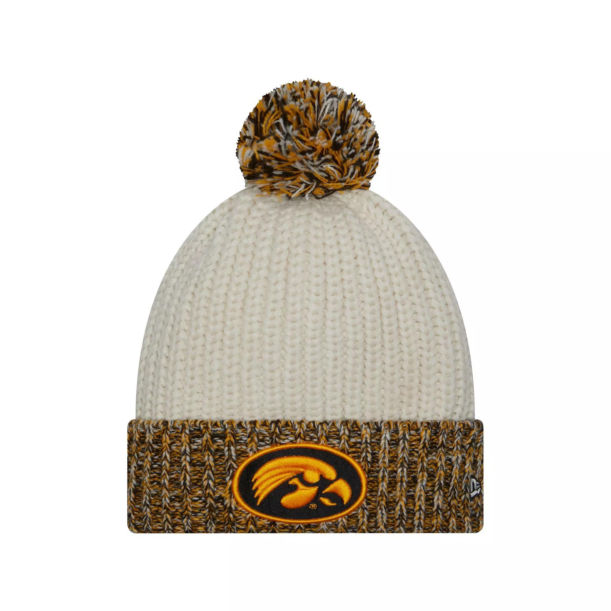 Women's New Era Cream Iowa Hawkeyes Fresh Cuffed Knit Hat with Pom, Beige Product Image