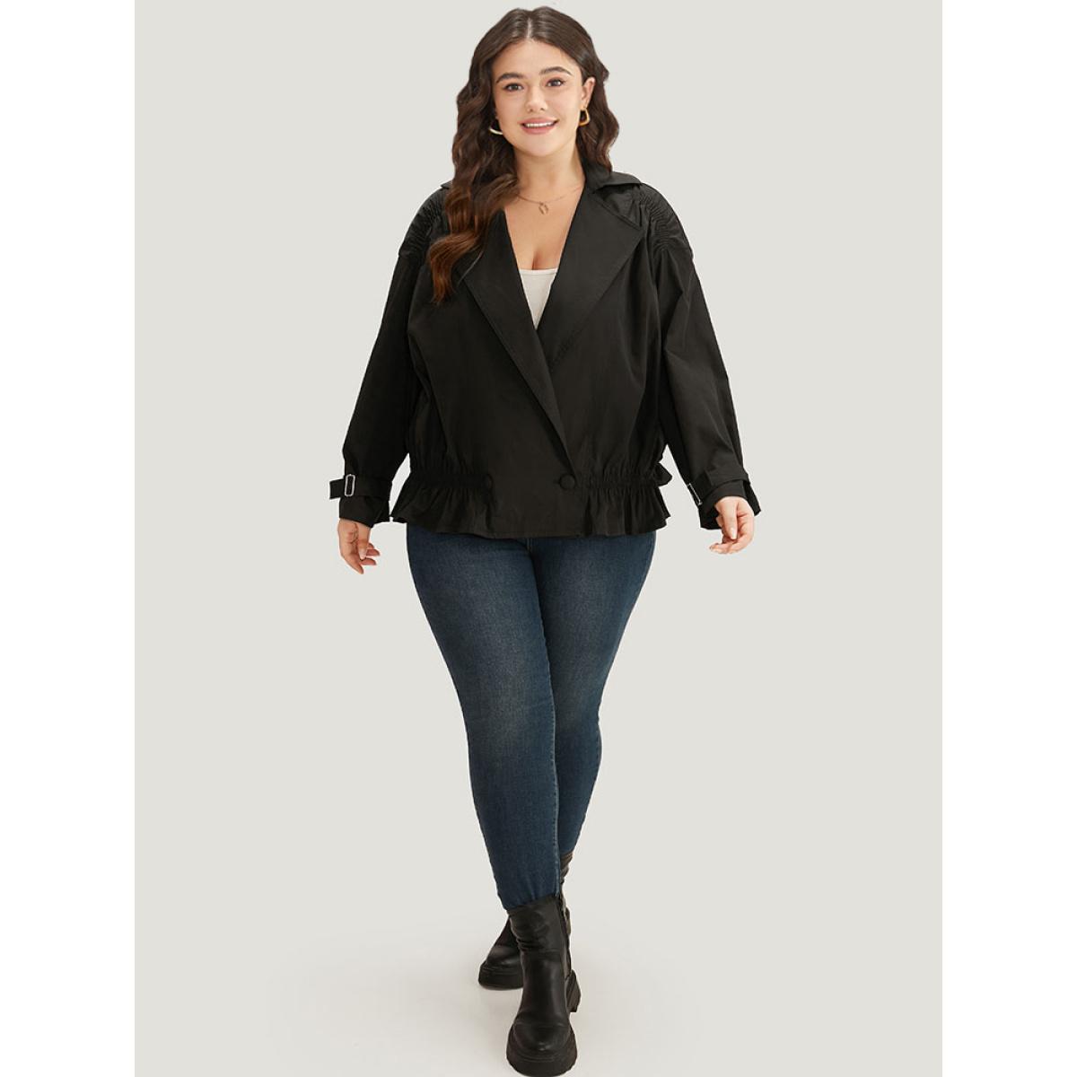 Plus Size Shirred Lapel Collar Metal Buckle Button Up Coat Women Black Casual Gathered Ladies Dailywear Winter Coats BloomChic 18-20/2X Product Image