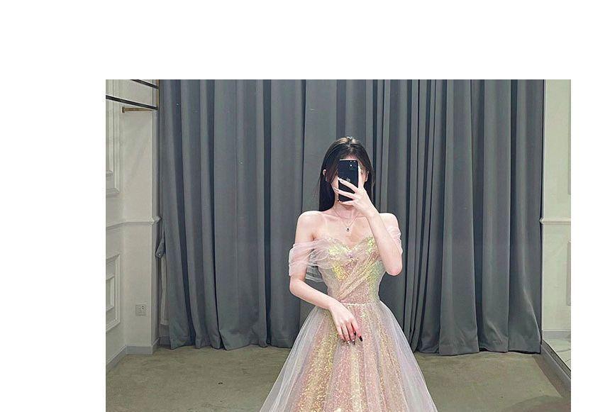 Short-Sleeve Off Shoulder Iridescent A-Line Evening Gown Product Image