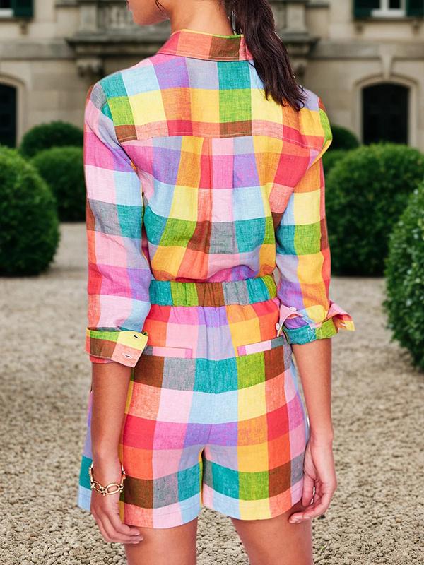 Long Sleeves Loose Rainbow Plaid Split-Joint Lapel Blouses&Shirts Tops Product Image