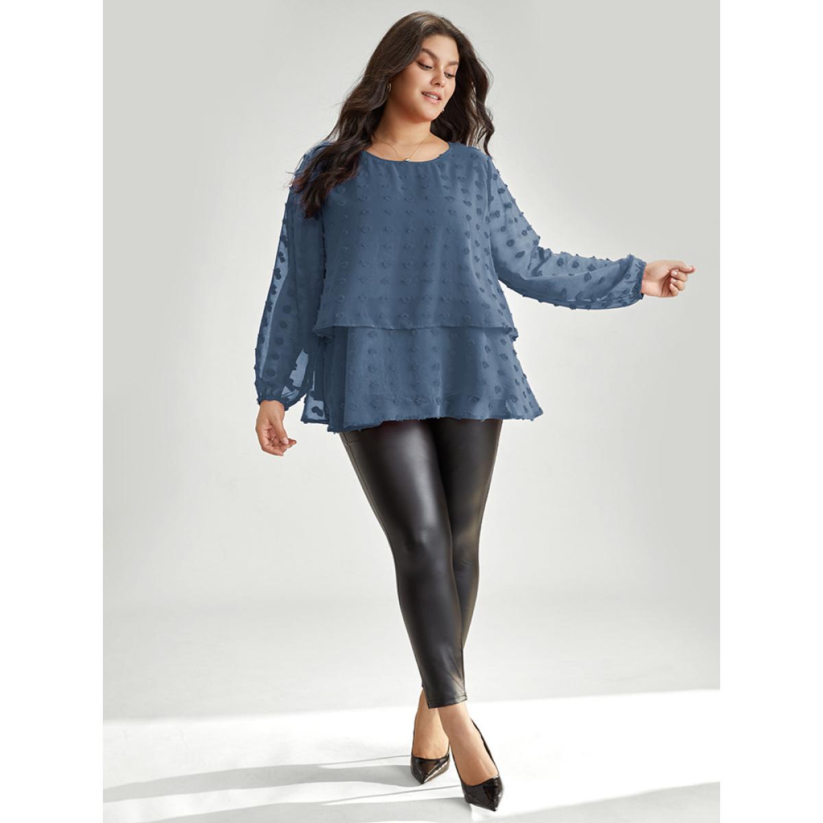Plus Size Stone Solid Textured Lantern Sleeve Tiered Hem Blouse Women Elegant Long Sleeve Round Neck Everyday Blouses BloomChic 10/M Product Image
