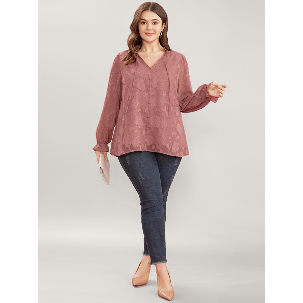 Plus Size DustyPink Floral Print Tie Neck Frill Trim Lantern Sleeve Blouse Women Glamour Long Sleeve V-neck Dailywear Blouses BloomChic 10/M Product Image