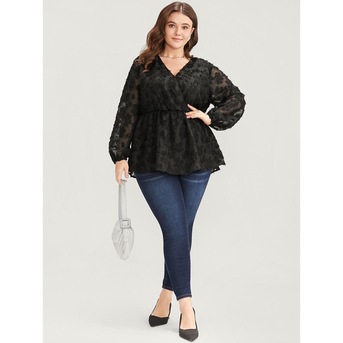 Plus Size Black Floral Mesh Lantern Sleeve Surplice Neck Fuzzy Blouse Women Glamour Long Sleeve V-neck Going out Blouses BloomChic 22-24/3X Product Image