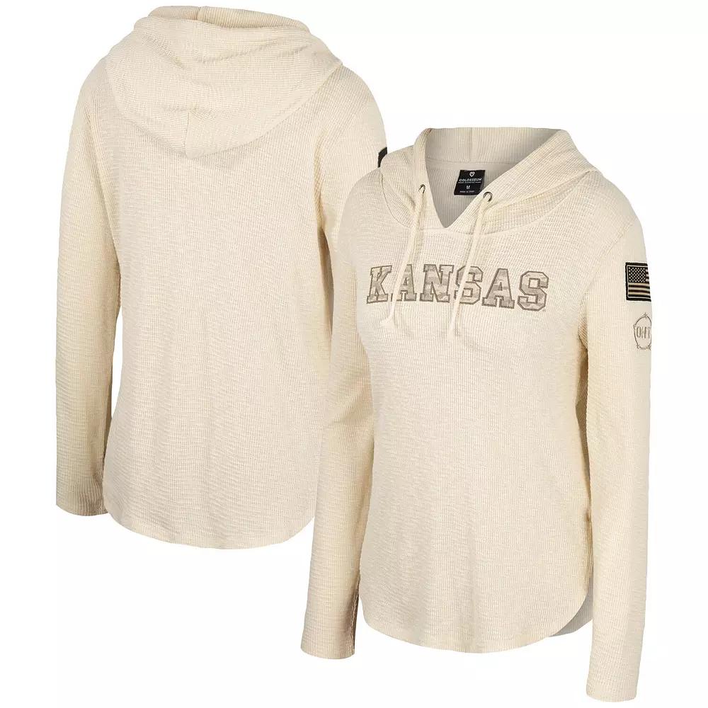Women's Colosseum Cream Kansas Jayhawks OHT Military Appreciation Casey Raglan Long Sleeve Hoodie T-Shirt,  Product Image