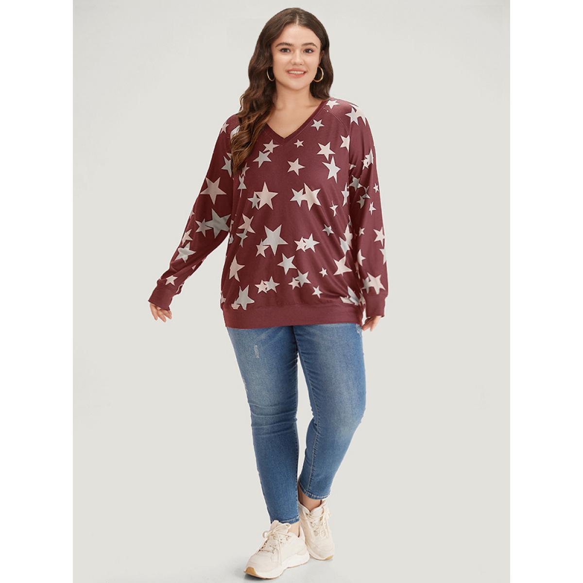 Plus Size Star Print V Neck Raglan Sleeve Sweatshirt Women Raspberry Elegant Elastic cuffs V-neck Dailywear Sweatshirts BloomChic 14-16/1X Product Image