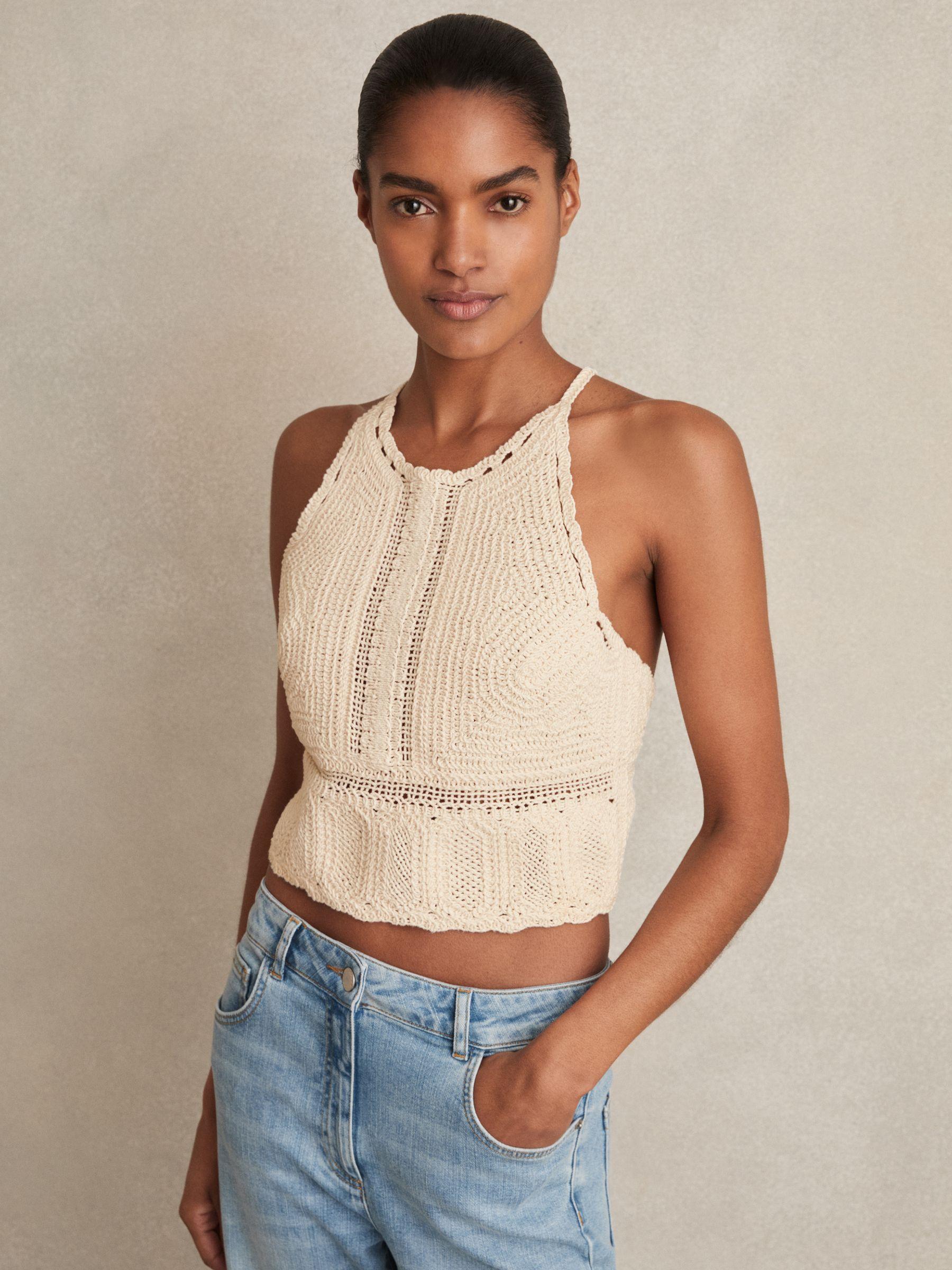 Cotton Crochet Tie-Back Cropped Top in Cream Product Image