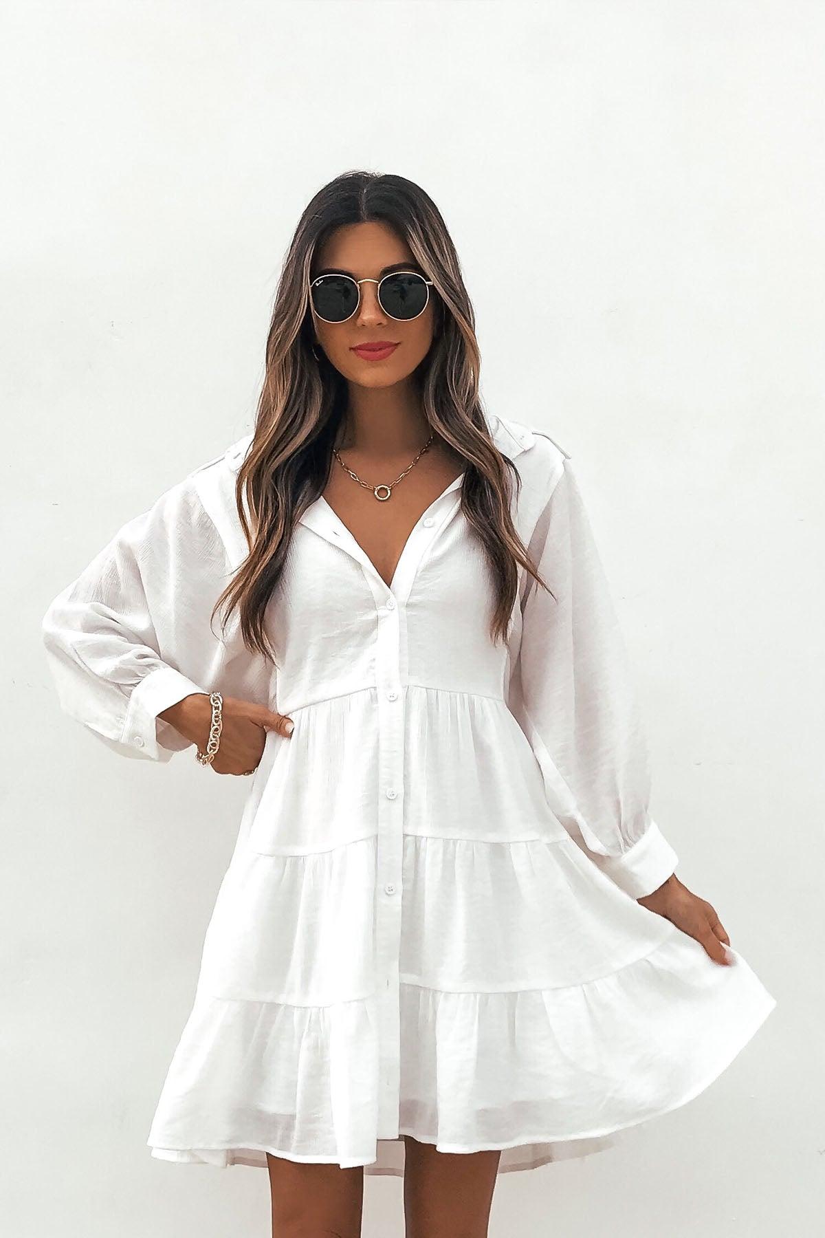 White Balloon Sleeve Tiered Mini Dress Product Image