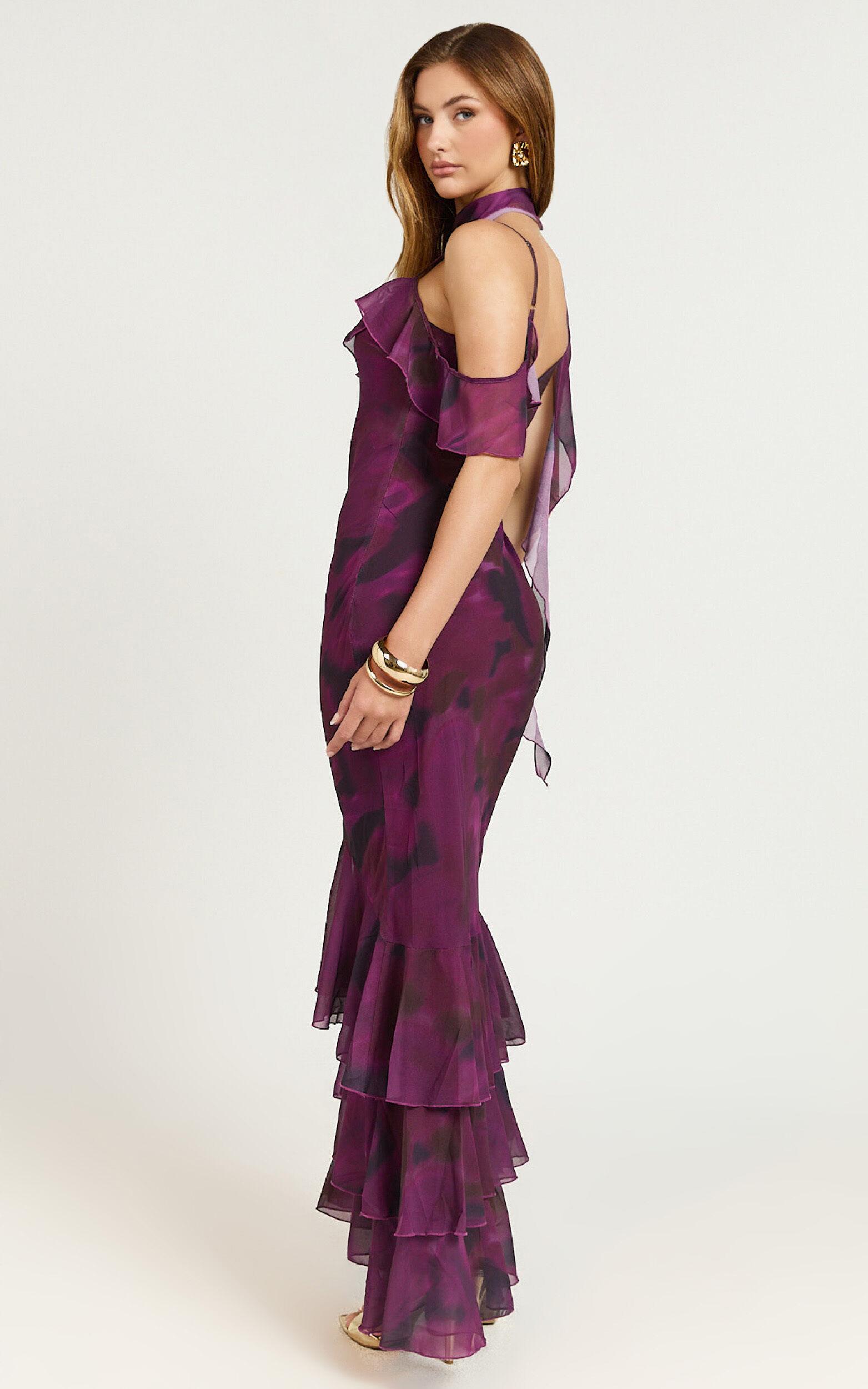 Riley Maxi Dress - Asymmetric Ruffle Detail Maxi Dress in Royal Adeana Product Image