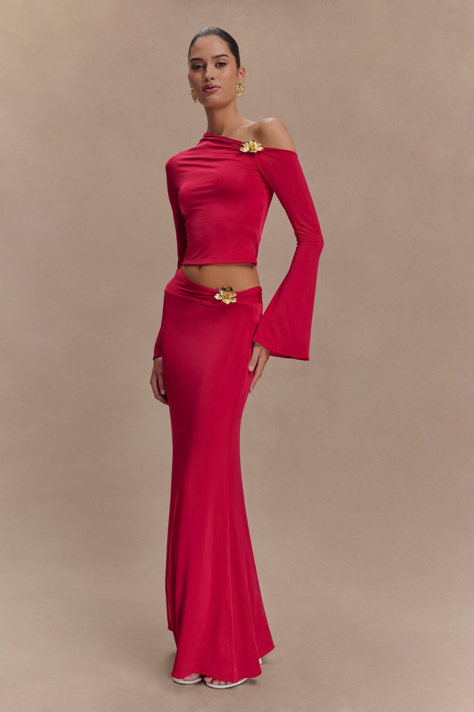 Ainsley Asymmetrical Maxi Skirt With Floral Hardware - Fuchsia Pink Product Image