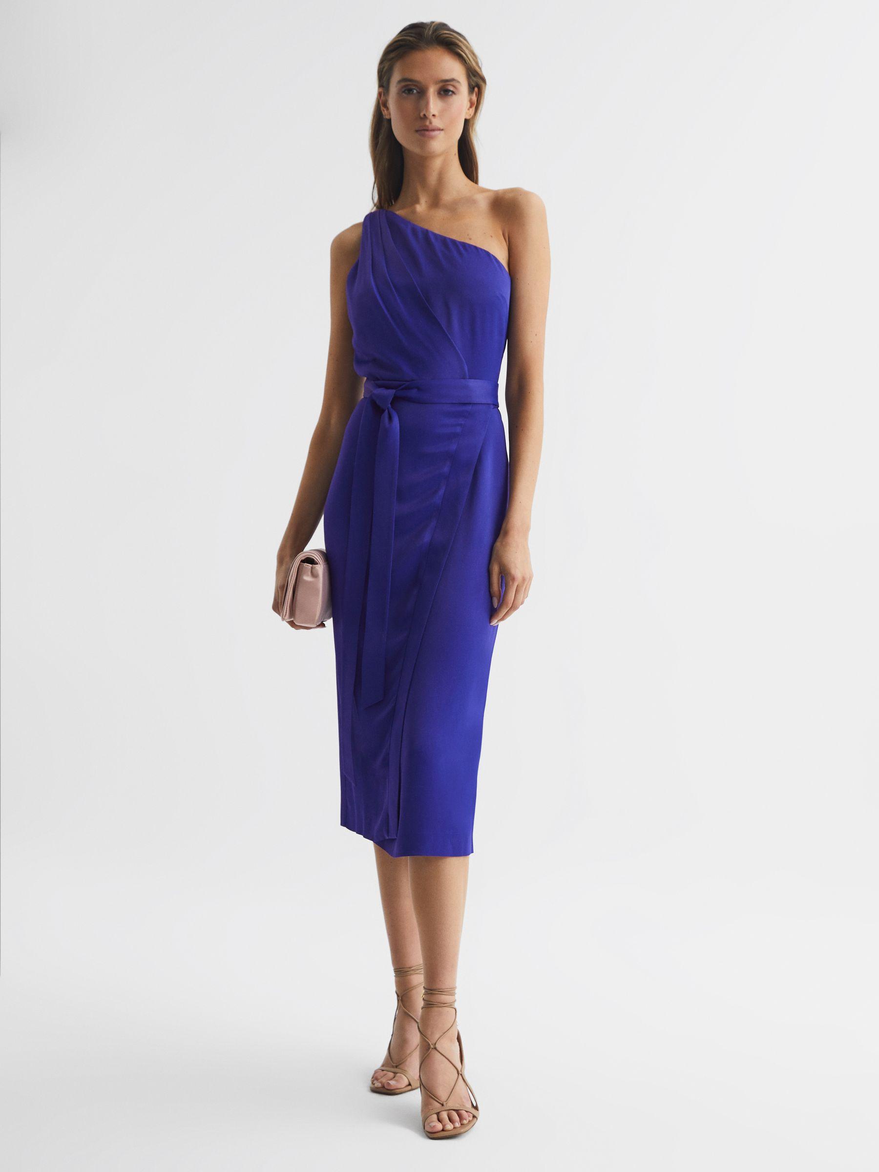 Off-The-Shoulder Satin Midi Dress in Purple Product Image