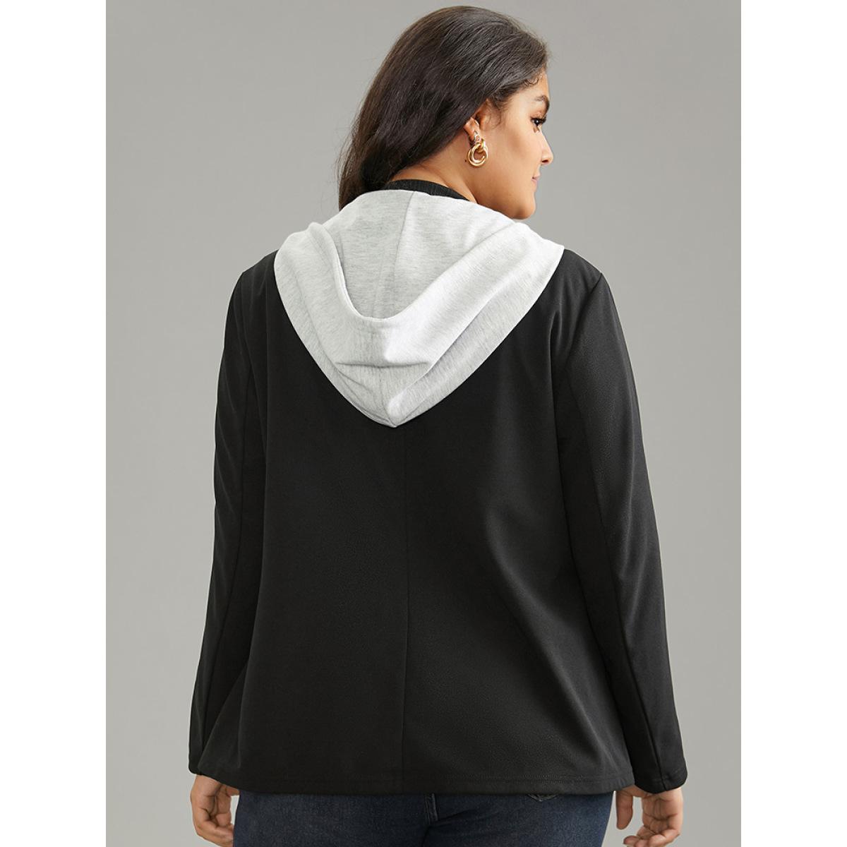 Plus Size Contrast Patchwork Zipper Button Up Hooded Blazer Black Women Dailywear Plain Lined Sleeve Long Sleeve Hooded 26/4X Pocket Casual Blazers BloomChic Product Image