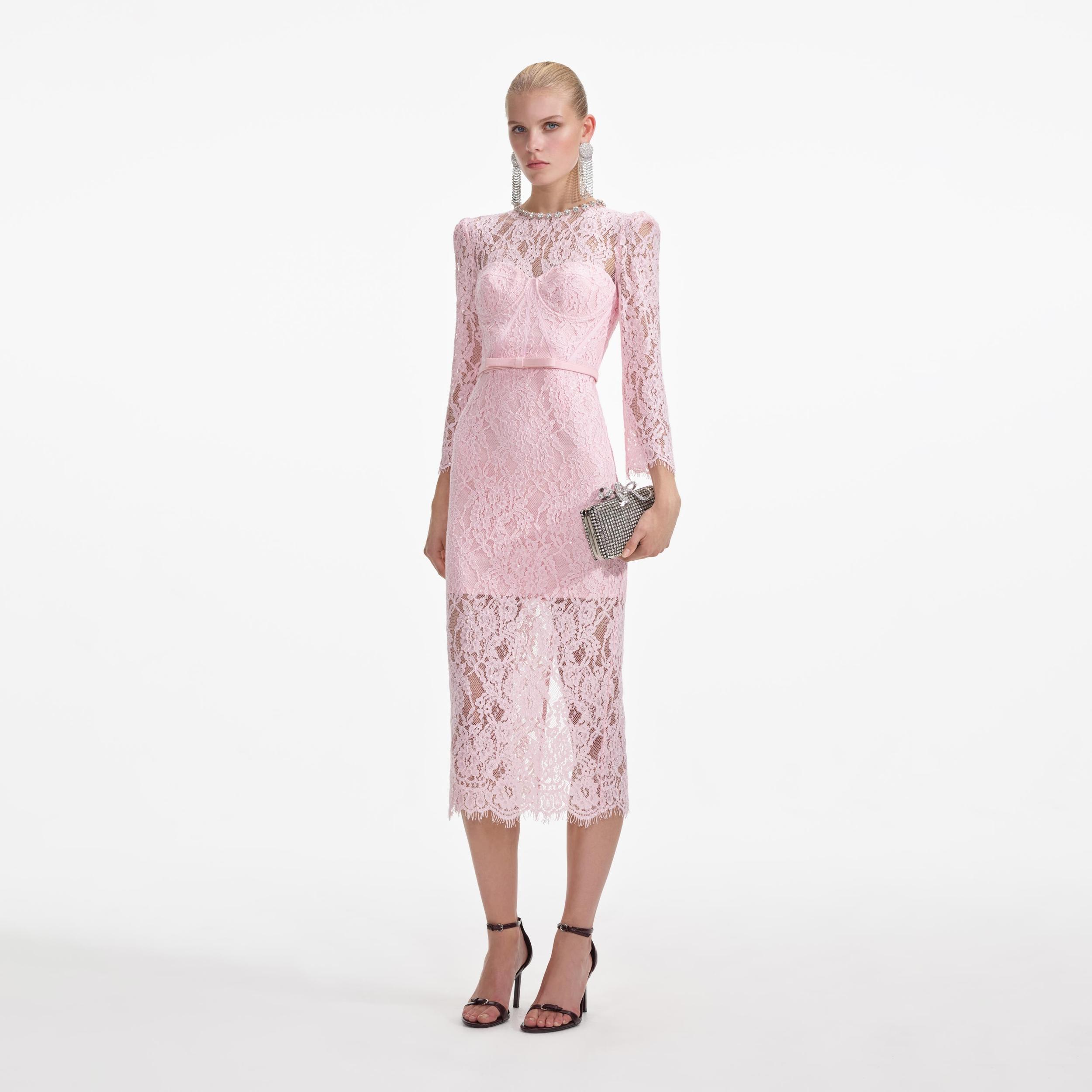 Pink Lace Bustier Midi Dress Product Image