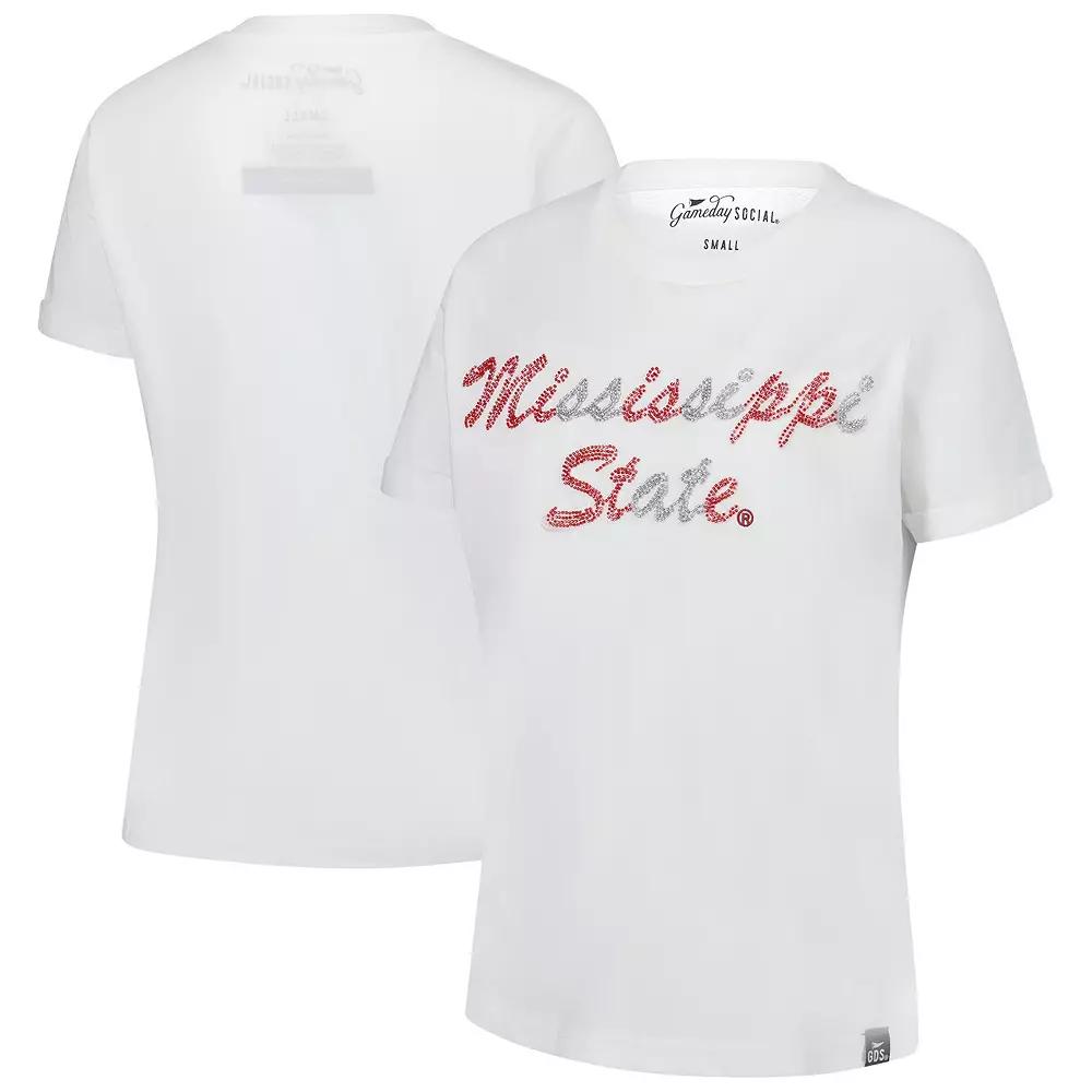 Women's Gameday Social  White Mississippi State Bulldogs Hand Sewn Beaded Script T-Shirt, Size: Small, Mst White Product Image