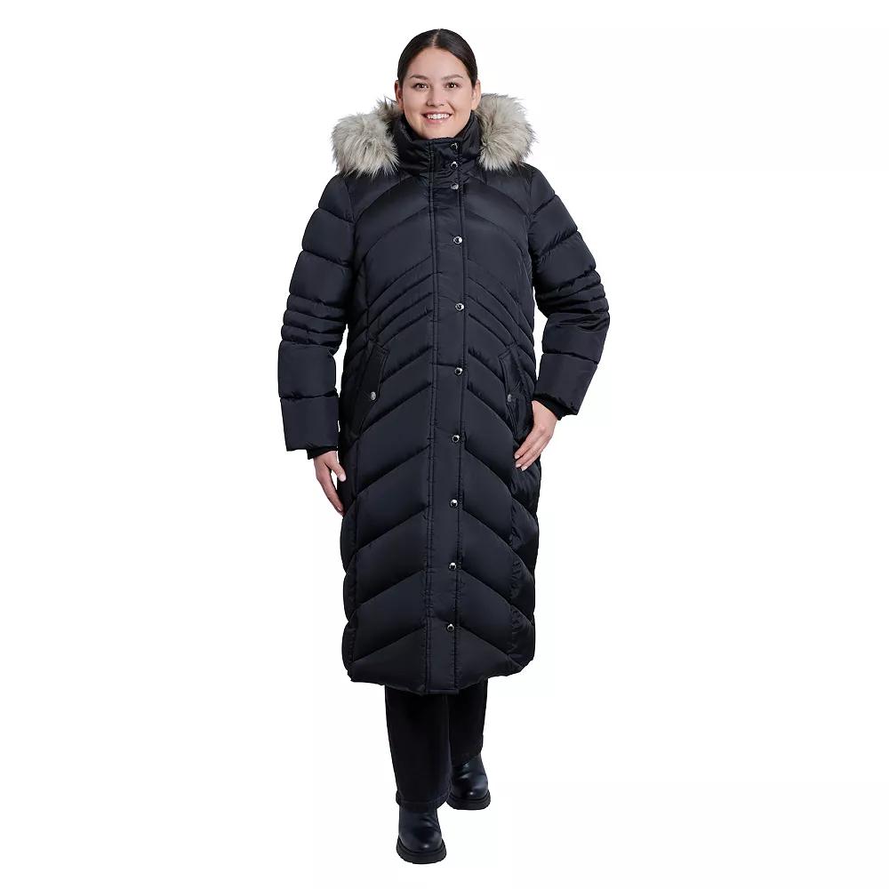 Plus Size London Fog Faux-Fur Hood Maxi Puffer Coat, Women's, Size: 2XL, Black Product Image