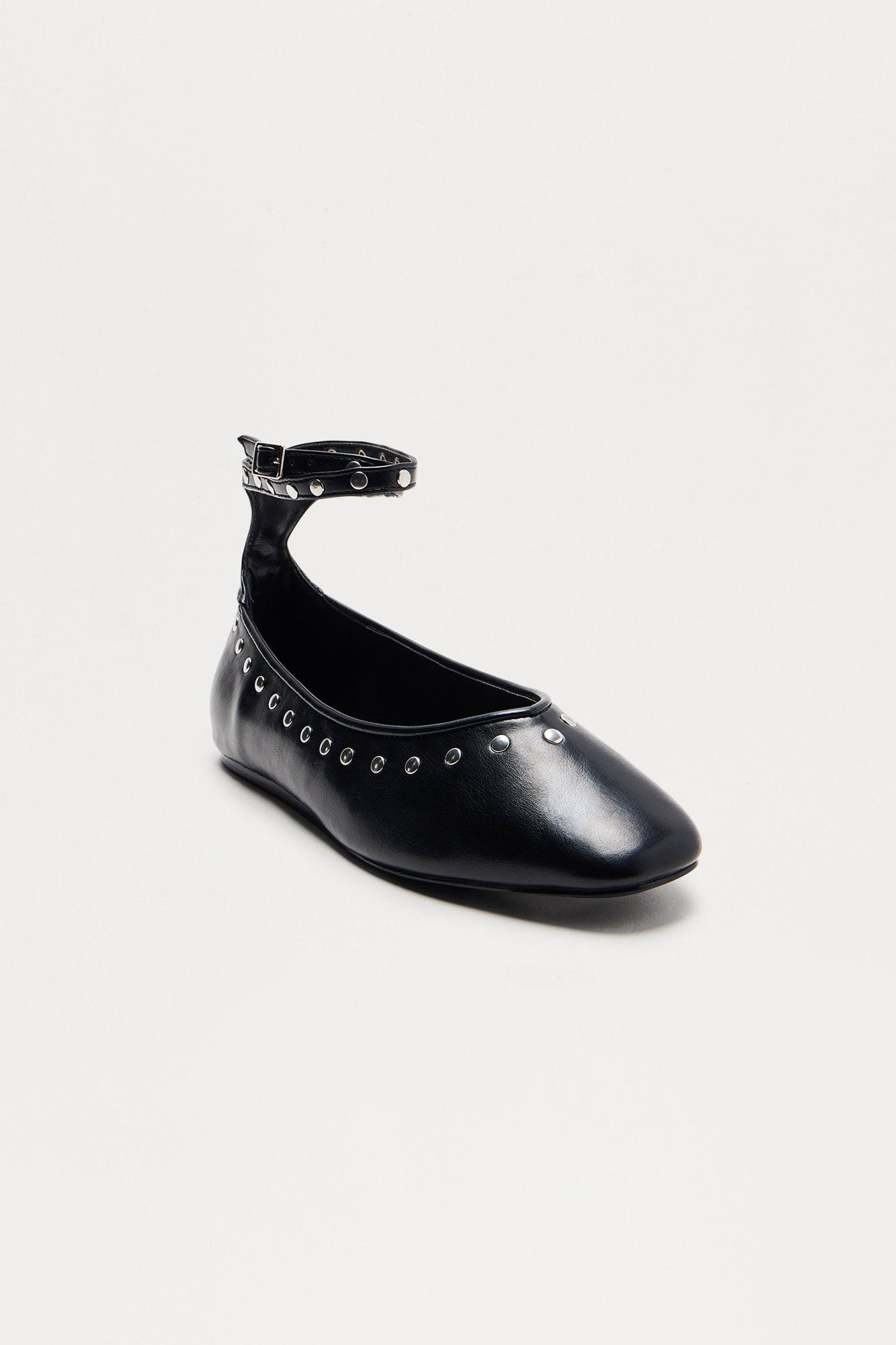 Sheri Studded Ankle Strap Flats - Black Product Image
