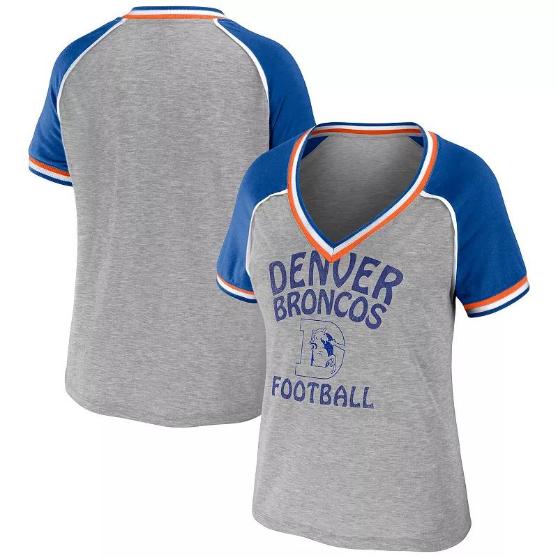 Women's WEAR by Erin Andrews Heather Gray Denver Broncos Throwback Raglan V-Neck T-Shirt, Size: XS, Grey Product Image