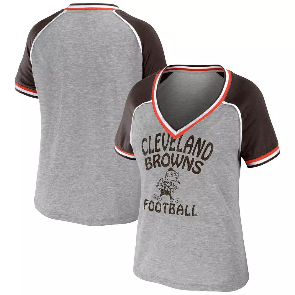 Women's WEAR by Erin Andrews Heather Gray Cleveland Browns Throwback Raglan V-Neck T-Shirt,  Product Image